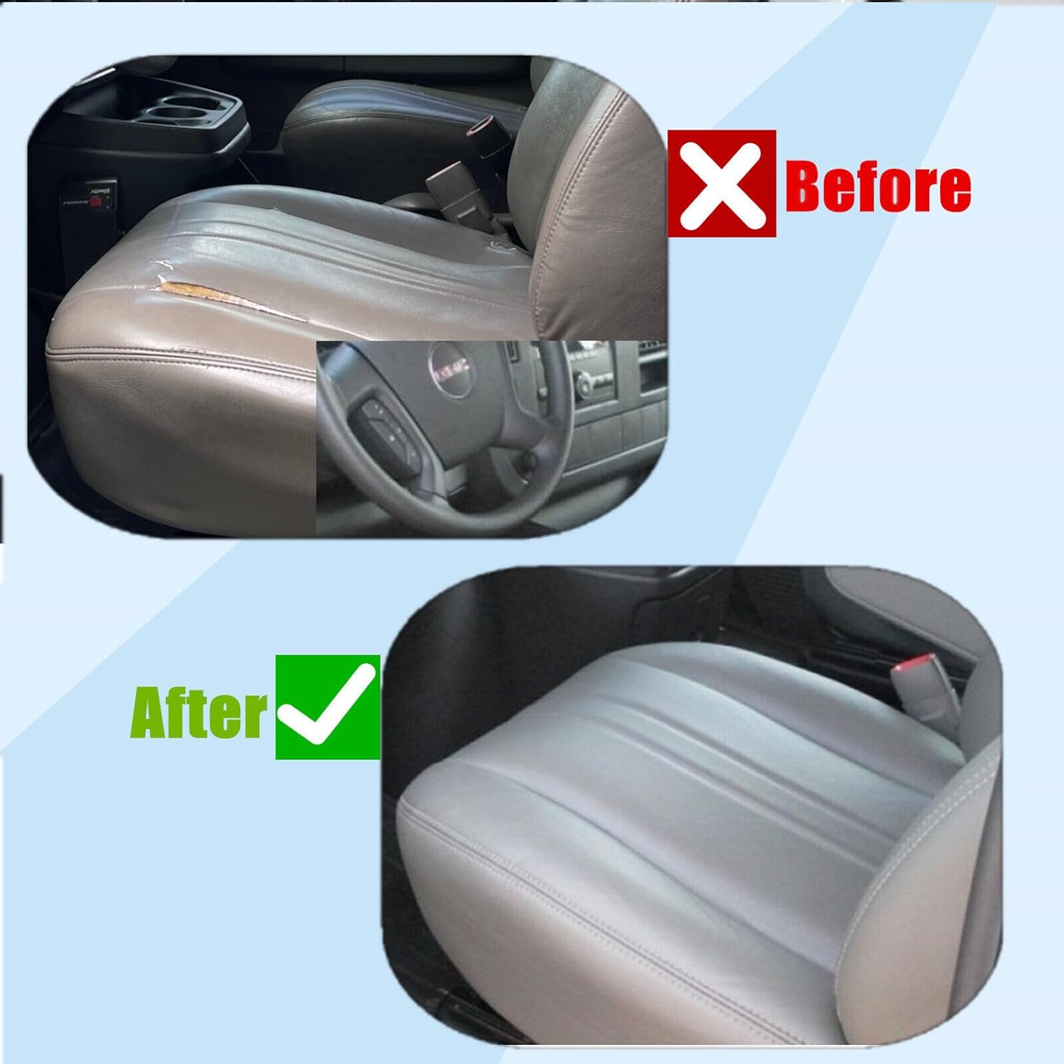 4Pcs Light Pewter Gray Leather Seat Cover Compatible with Chevy Express GMC Savana Van 2003-2014 Front Driver and Passenger Side