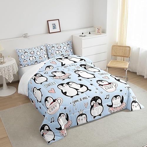 Miniatura 4 de Manfei Juego de edredón de pingüinos de dibujos animados para niños, tamaño King, bonito juego de ropa de cama de animales árticos, decoración de