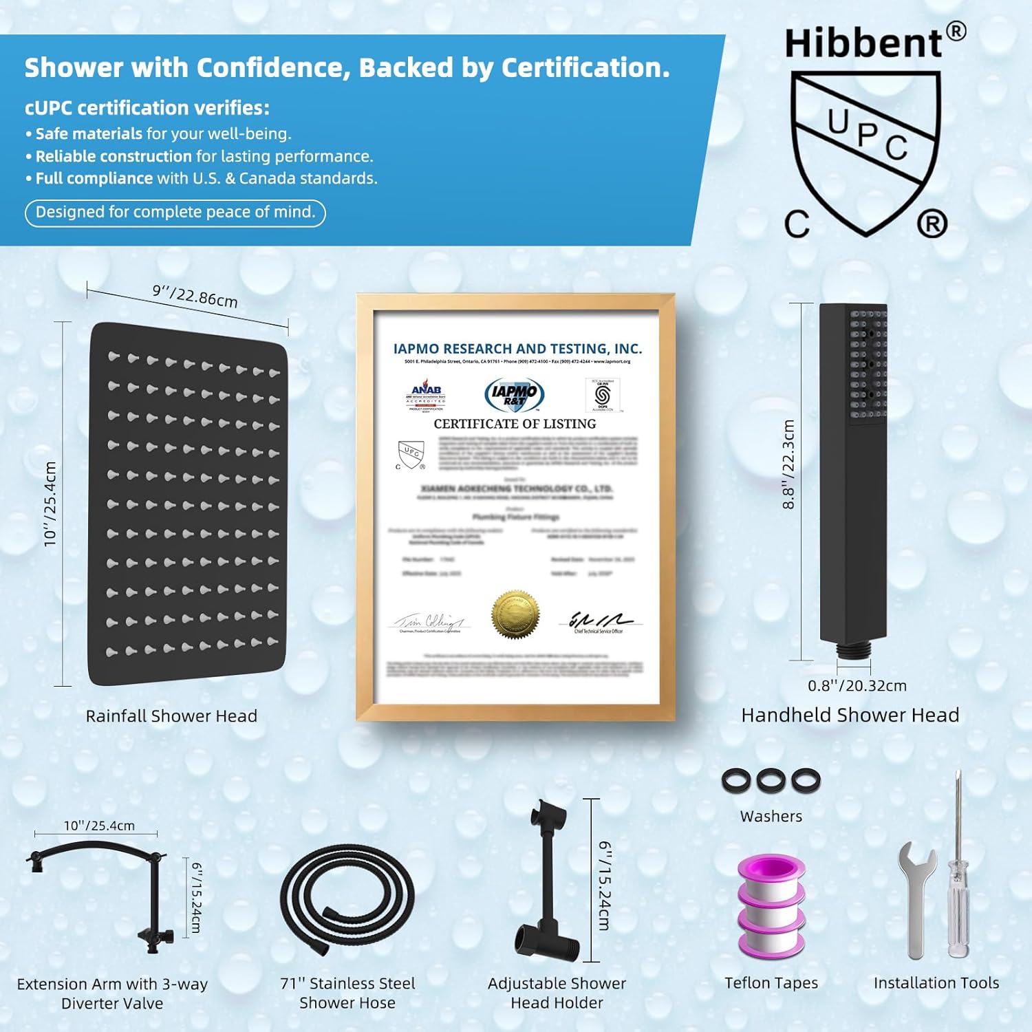 Hibbent All Metal CUPC Certified 10'' Rainfall Shower Head, Dual Shower Head Combo, High Pressure Handheld 4 Sprays Shower Wand, 16'' Adjustable Extension Arm, 71'' Hose, Shower Holder, Matte Black - Image 4
