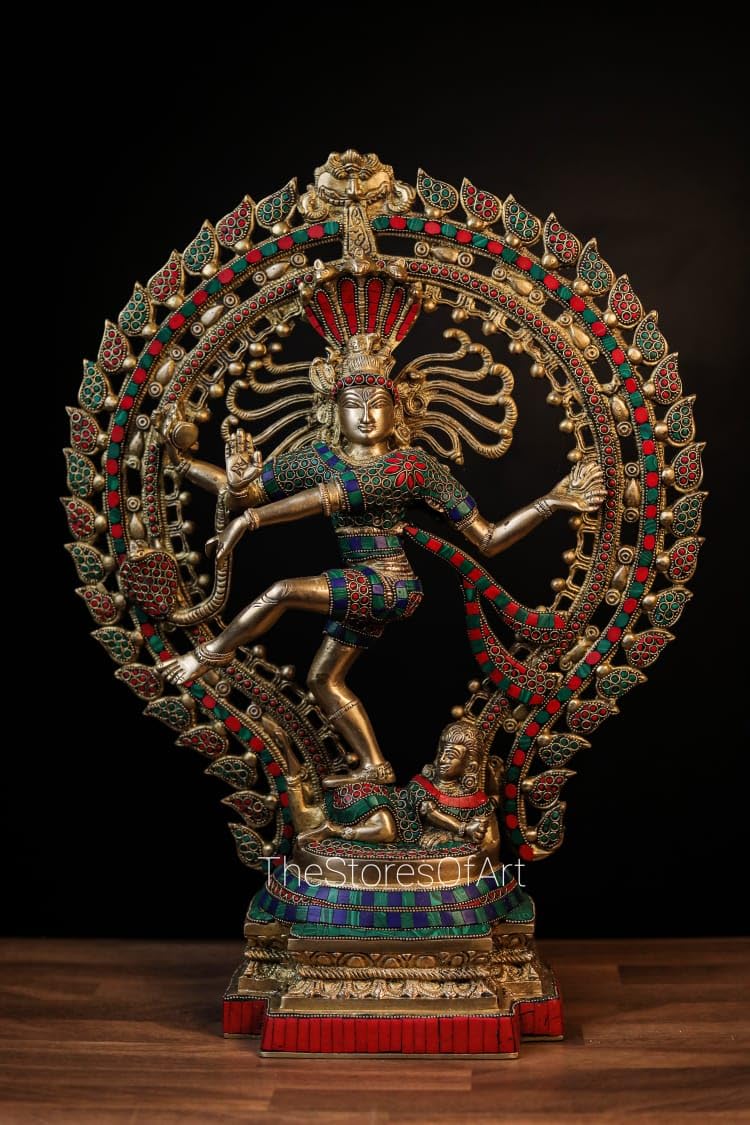 Statua Nataraja in ottone grande con mosaico in pietra, 56 cm grande dimensione ottone danzante Shiva Natraj statua, Shiva danzante | Ideale per la decorazione della casa | Lord Shiva in danza cosmica