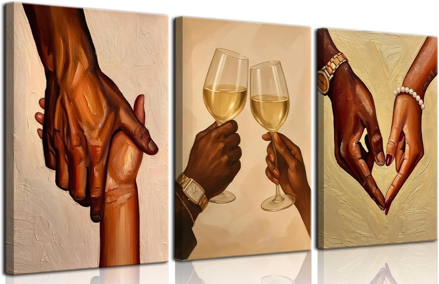 3Pcs Black Couple Canvas Wall Art Black Love Wall Decor Pictures African American Couple Holding Hands Posters Prints for Living Room Bedroom Decoration 16x24in