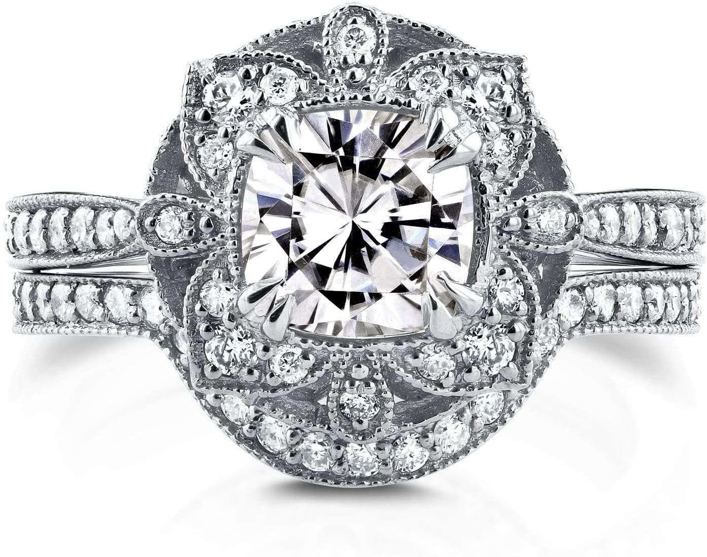 Kobelli Antique Style Floral Cushion Moissanite Bridal Set 1 1/2 CTW in 14k White Gold