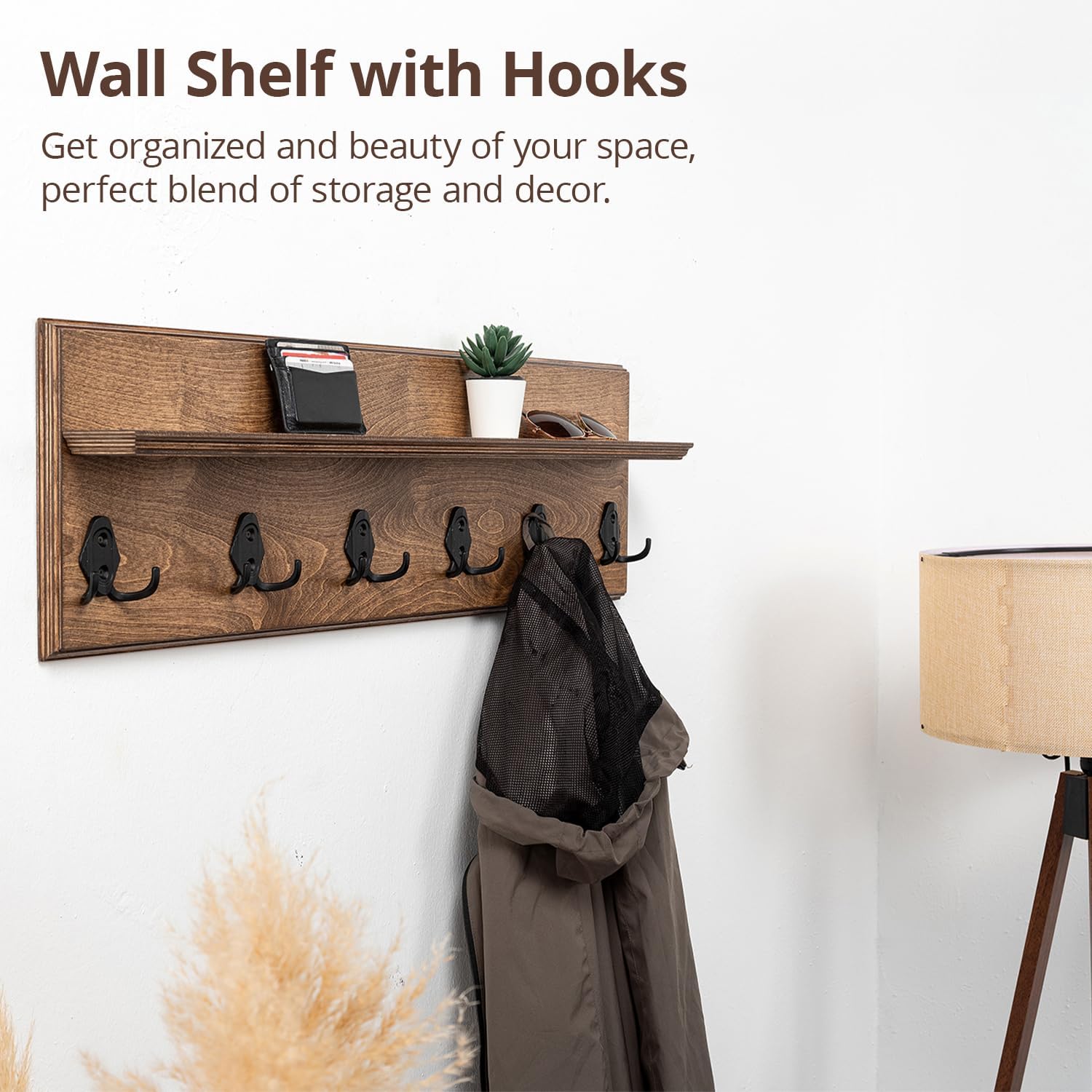 Rustic Wall Mounted Coat Rack with Shelf Wooden Entryway Organizer with 5 Metal Hooks for Coats Hats Towels Keys Floating Storage Shelf for Bathroom Bedroom (Walnut, 45 inch 8 Hooks)