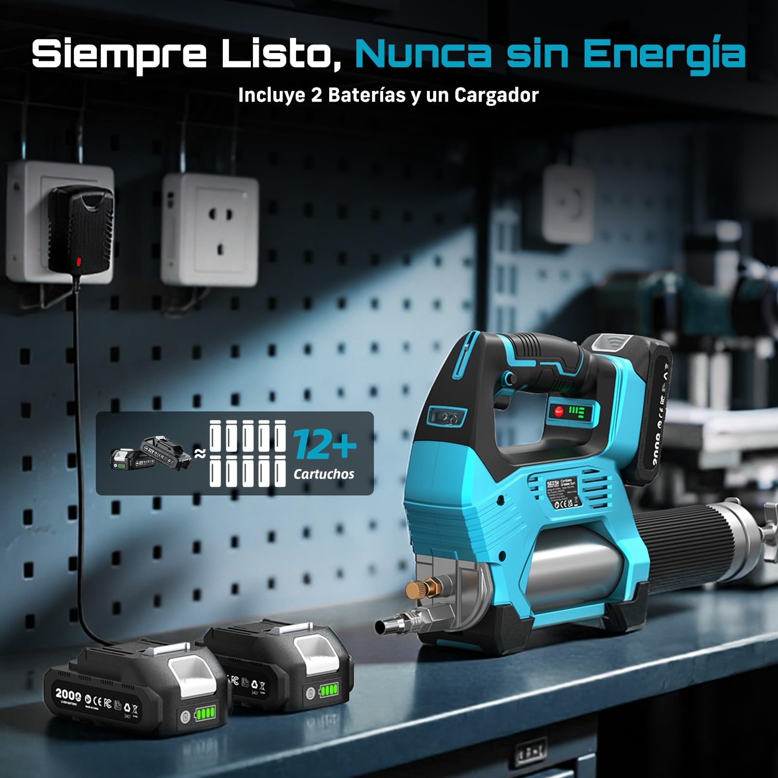 Seesii 12.000 PSI Engrasadora Batería con 2 Baterías (y Compatible con la batería Makita de 18 V), 3 Velocidades, Motor Brushless, Manguera de 1m, Acoplador de 90° y Luz LED para Equipos Pesados