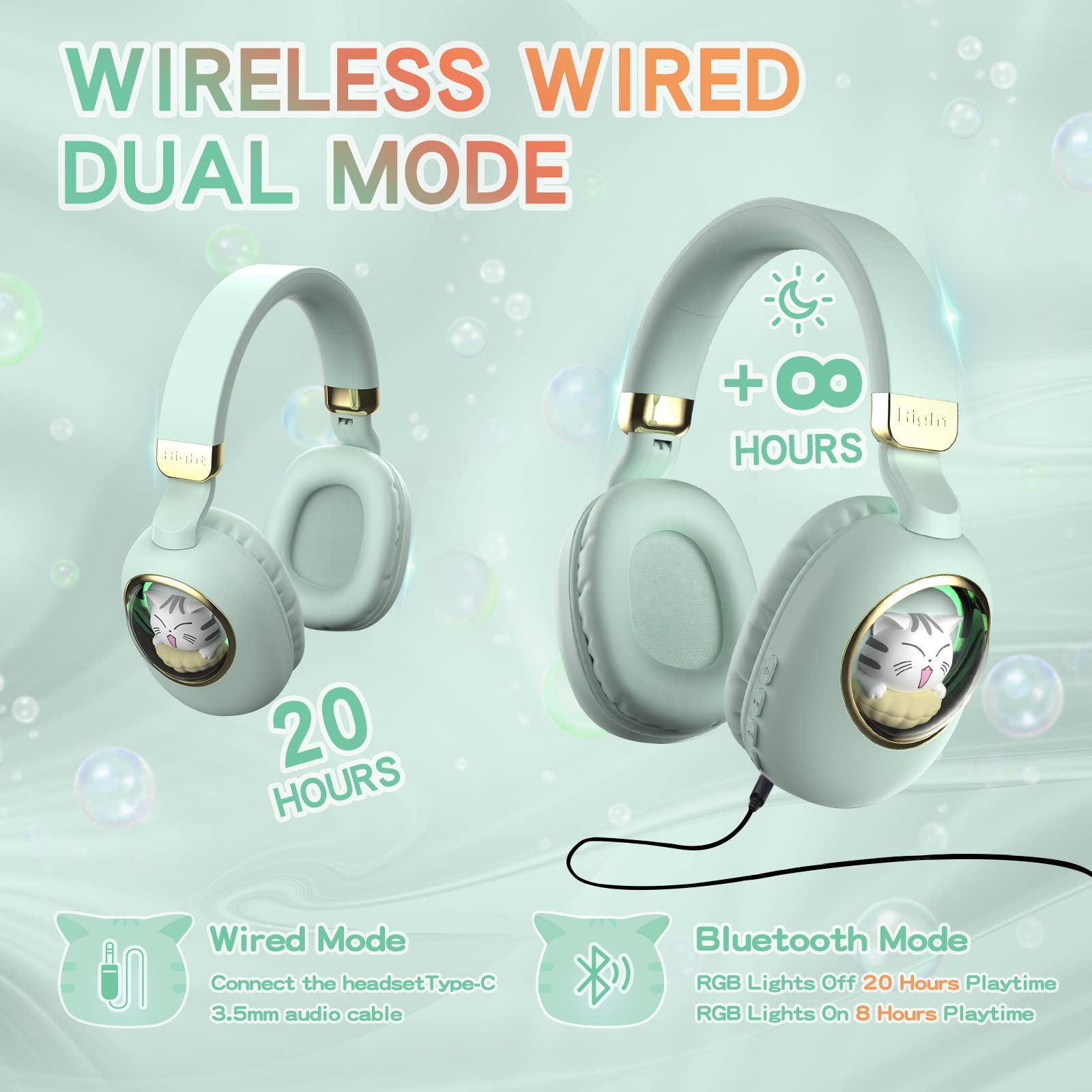 Casque de jeu pour filles vert avec microphone – Casque filaire et sans fil avec suppression du bruit pour enfants et école – Écouteurs Bluetooth