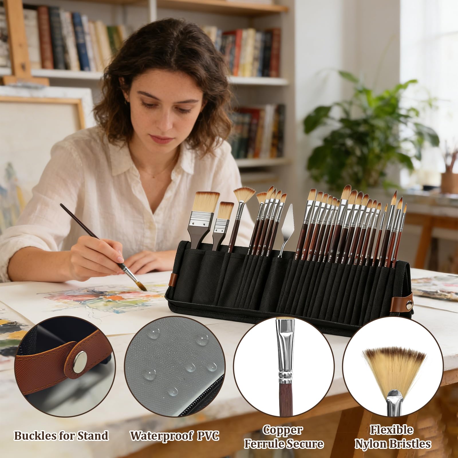 Künstlerpinsel-Set mit selbststehender Pop-Up-Tragetasche, professionelle Nylon-Acryl-Pinsel für Öl, Aquarell, Leinwand, kein Ausfallen, mit Kupferhülsen, 25 Pinsel und 1 Palettenmesser, 26-teiliges