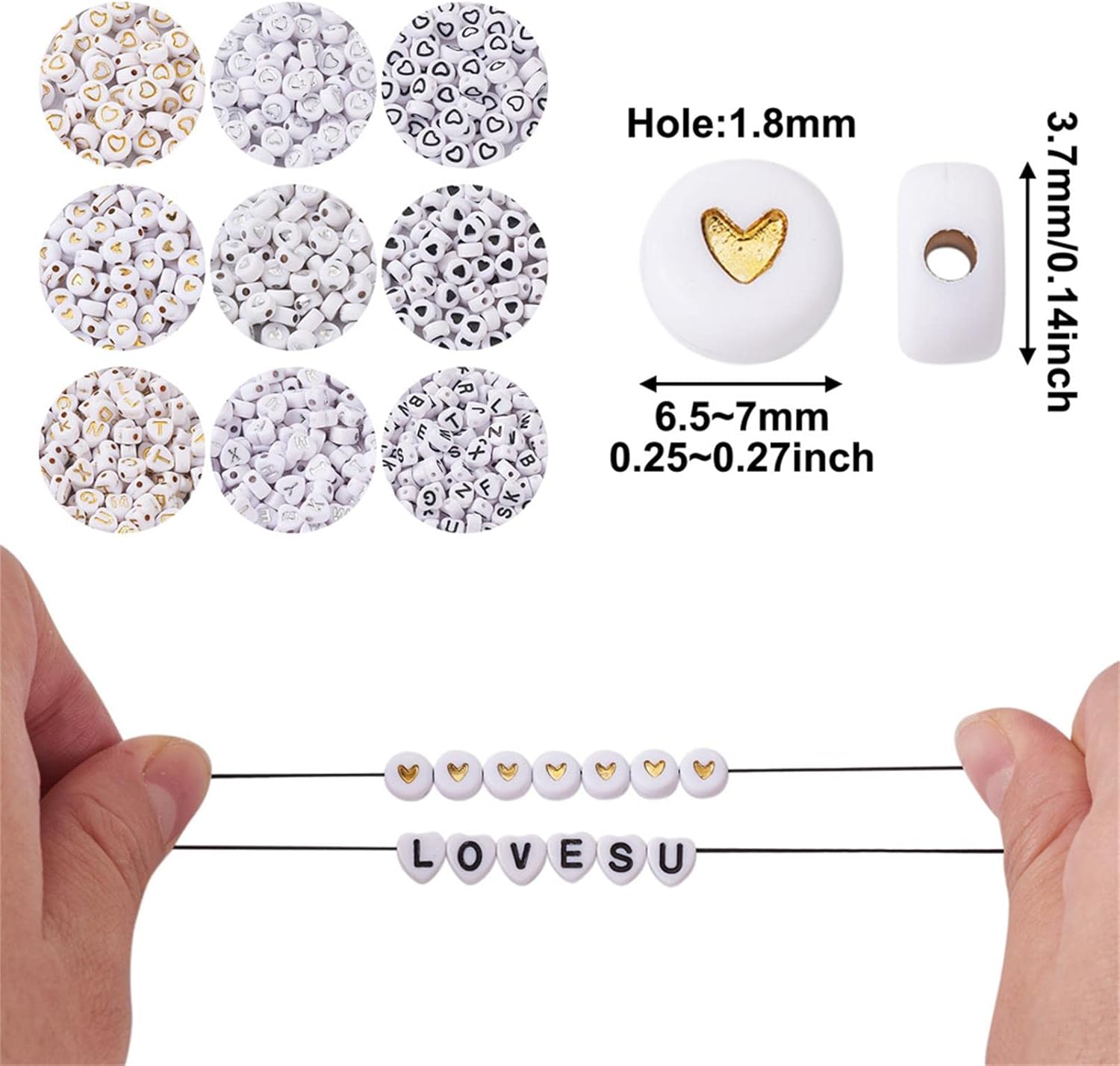 Craftdady 2100pcs White Acrylic Flat Round Letter Beads Opaque Circle Disc Loose Beads with Alphabets Heart Patterns 6.5-7mm for Word Message Name Bracelet Necklace Jewelry Making