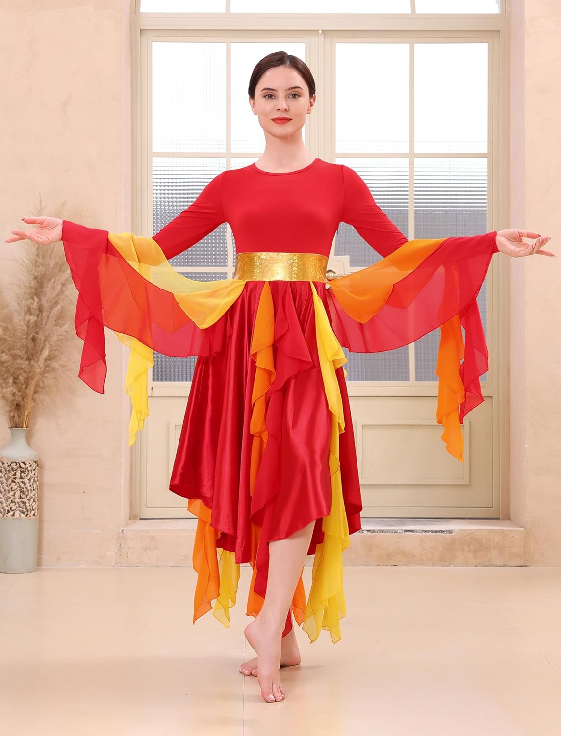 IDOPIP Metallic Praise Dance Dress for Women Asymmetric Ruffle Overlay Dresses Liturgical Lyrical Dancewear Worship Costume - Image 6