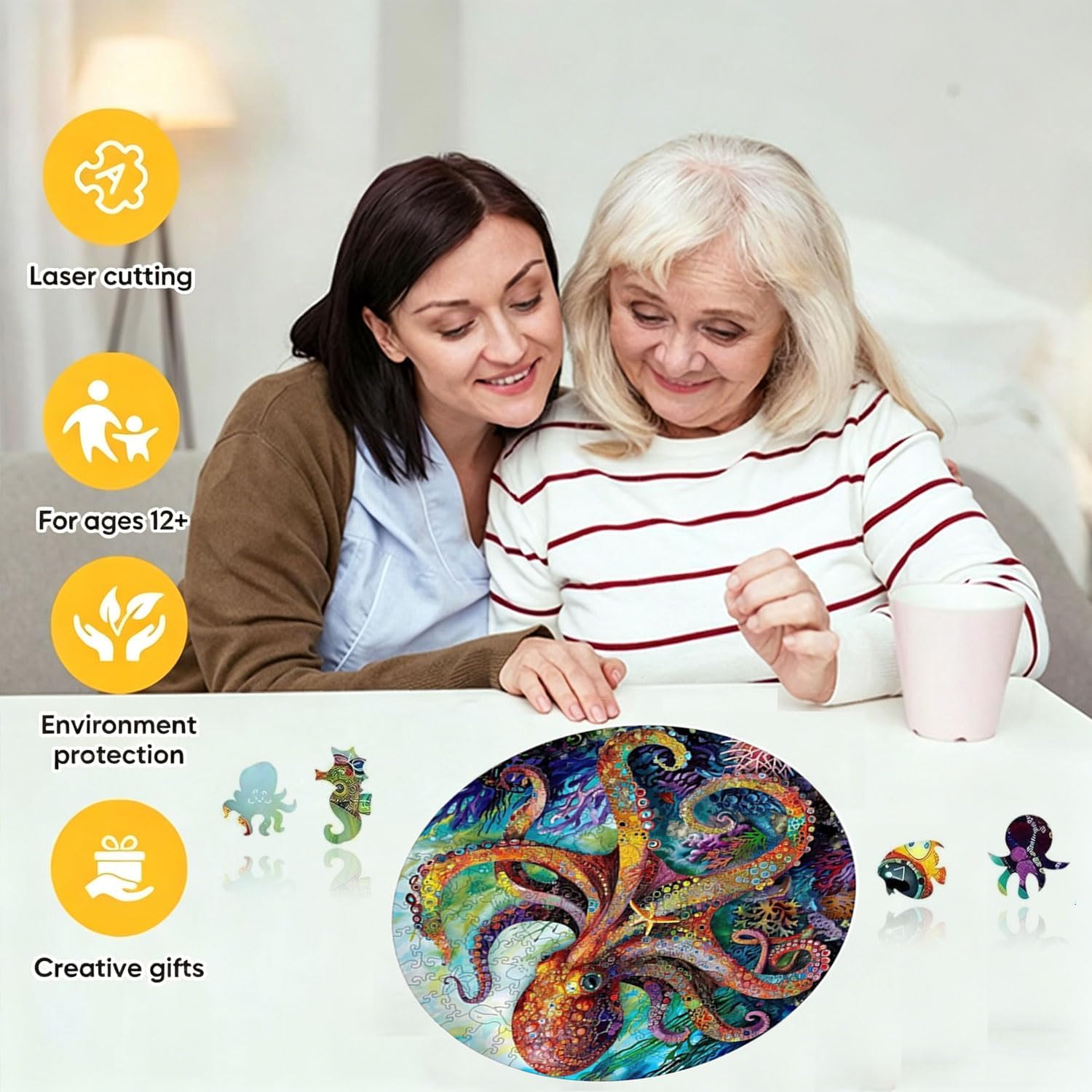 Reouinty Wooden Puzzle for Adults 500 Piece, Octopus Ocean Jigsaw Puzzles, Unique Shape Animal Adult Puzzles, Beautiful Wall Decor, Wood Creative Gift for Adults and Kids Family Game 15.6x15.6 in