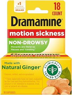 Dramamine Motion Sickness Raspberry Cream Chewable Tablets 12 Count 2 Pack and Ginger Capsules 18 Count