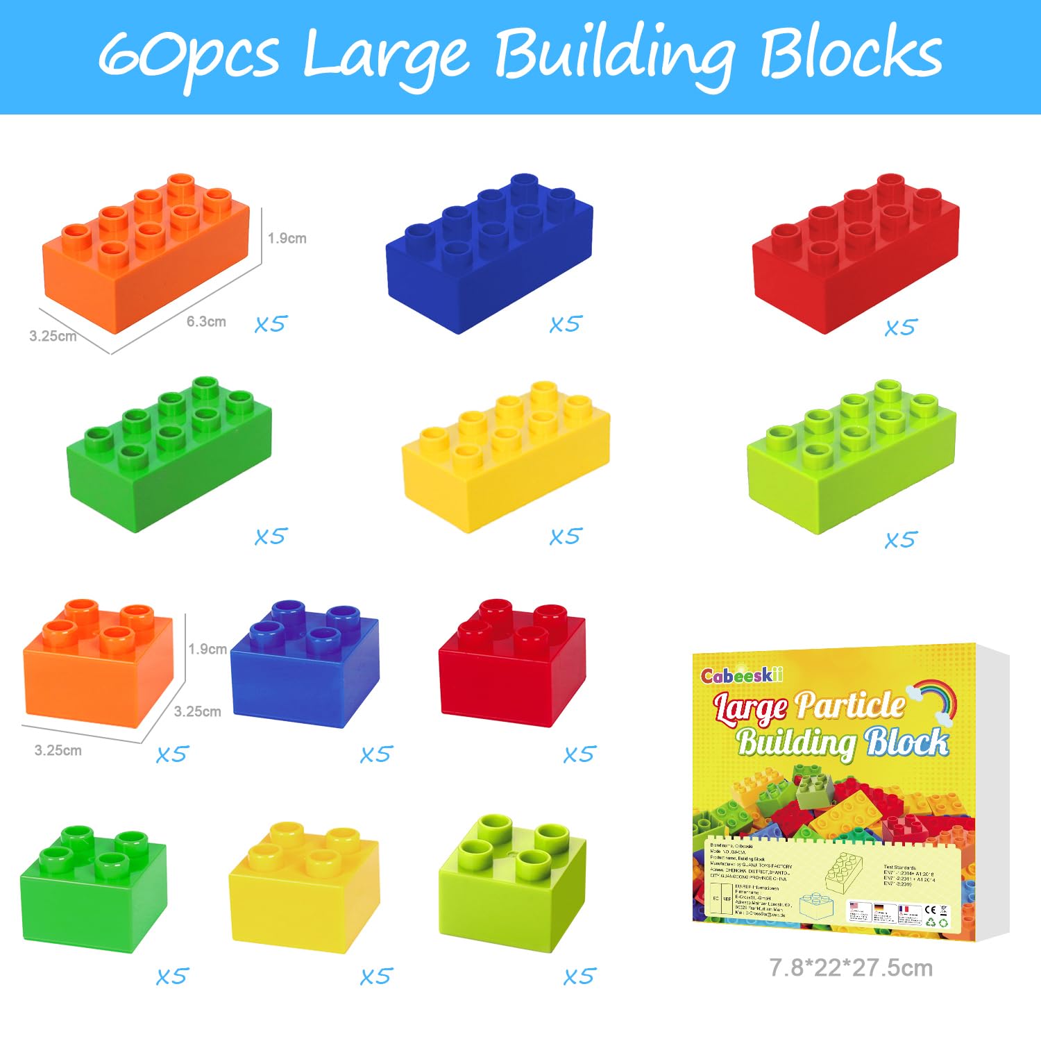 Grandi mattoncini, 60 pezzi di mattoncini in 6 colori e 2 dimensioni, compatibili con Duplo e tutte le principali marche, giocattolo ideale per bambini dai 3 anni in su