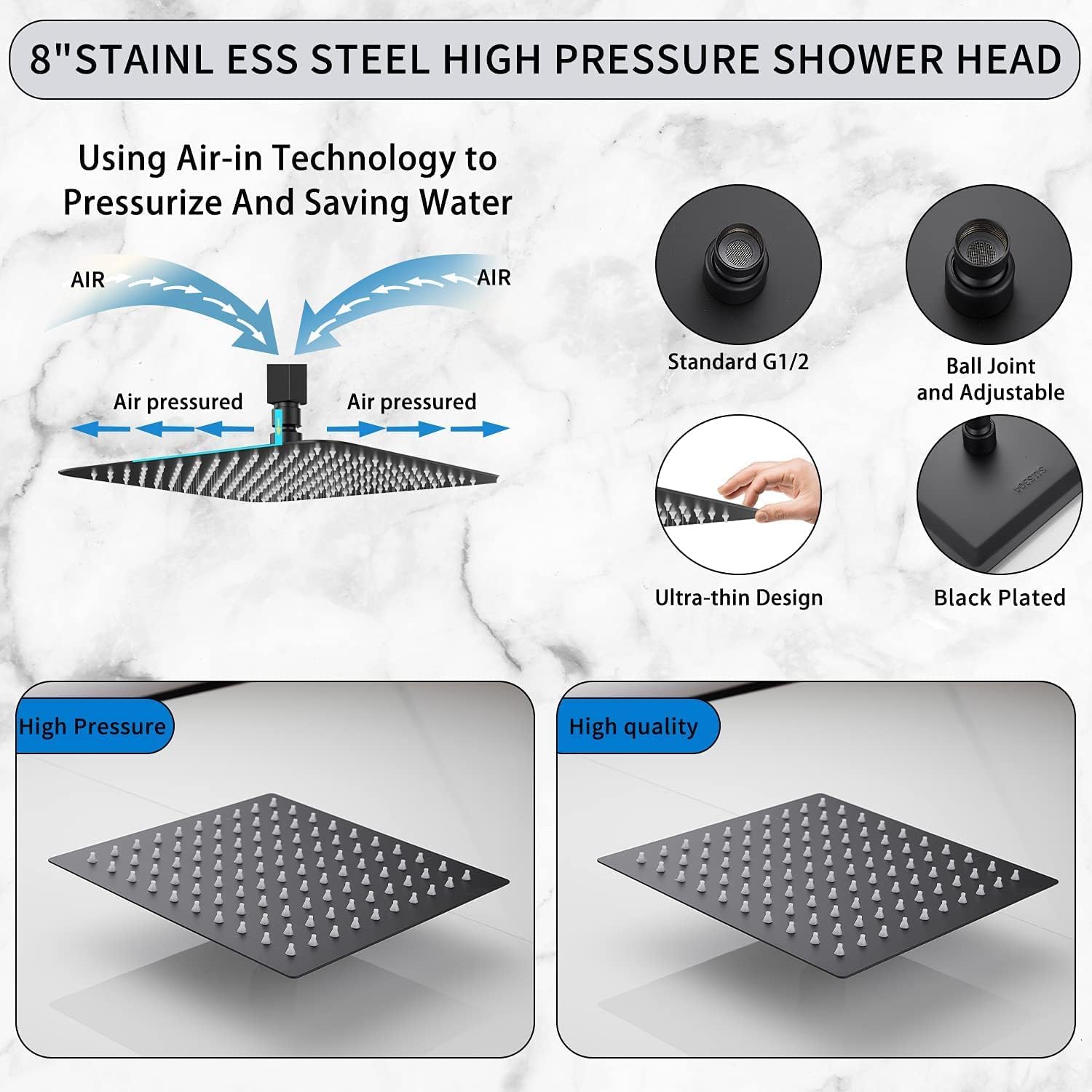 Matte Black Shower Faucet GGStudy Single Function Shower Trim Kit with Rough-in Valve Shower Set Bath Rainfall Ultra-thin Shower System 8inch Square Stainless Steel Metal Shower Head