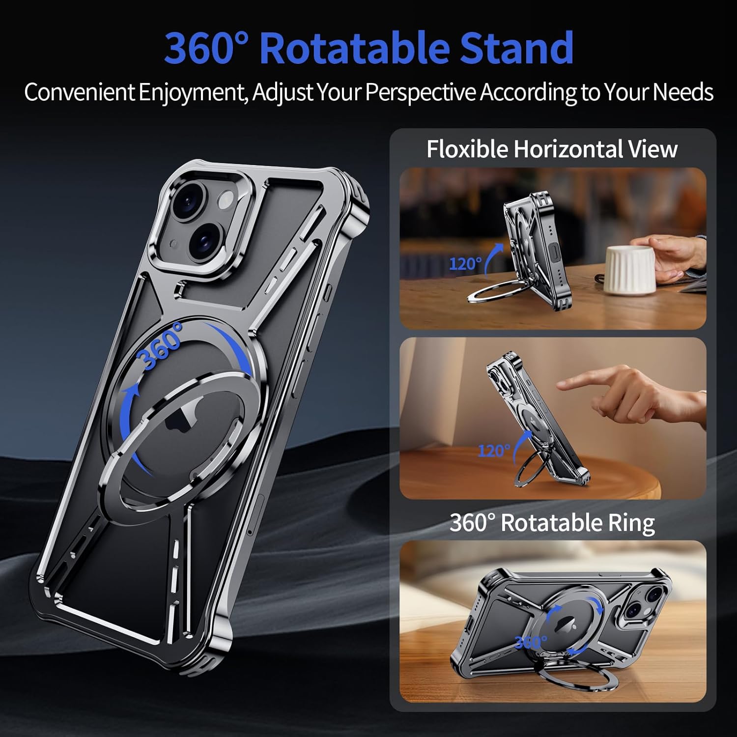 X Case for iPhone 14 Case 6.1",with Kickstand 360°Rotatable Magnetic Ring Stand,[Compatible with MagSafe] Shockproof Aluminum Metal Phone Case Slim & Light Phone case,Gray - Image 4