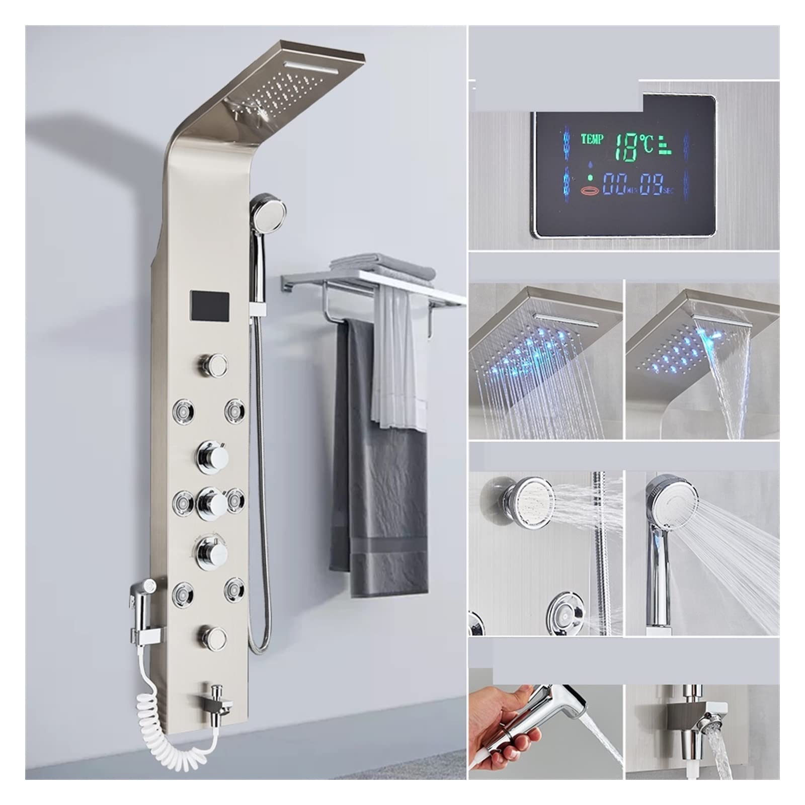 Soywim 8009 Brushed B Shower System, Black Led Light Shower Faucet Bathroom Spa Massage Jet Column System Waterfall Rain Panel Bidet Sprayer Tap(8009 Brushed B)
