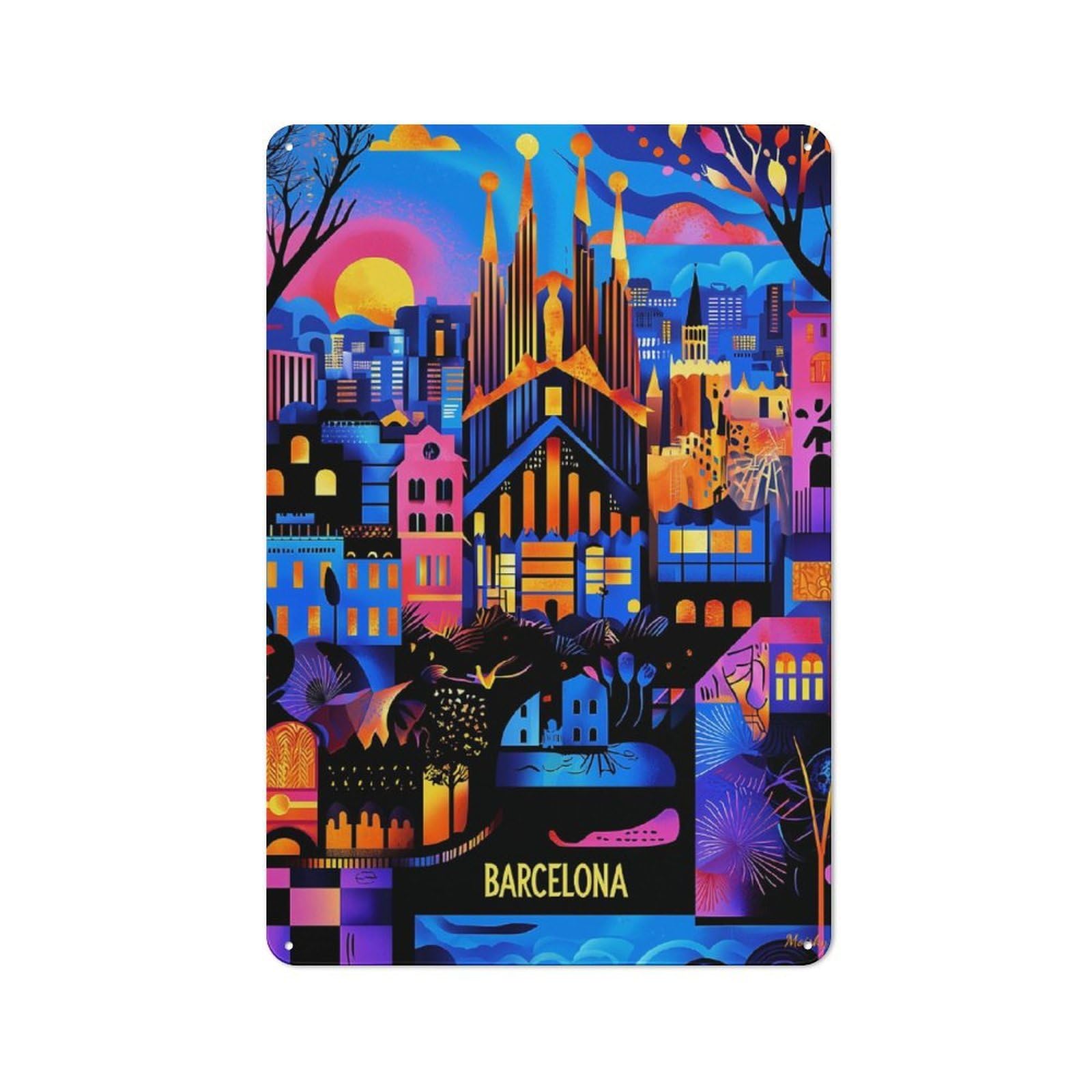 Junmoney Barcelona Colorful Urban Mosaic Illustration Industrial-Style Metal Plaque 30X20cm For Hallway Wall, A Winter Wall Decor Update For Hallway Decor Lovers