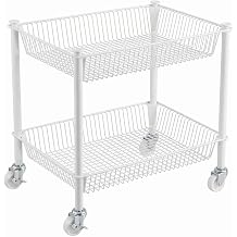 2 Tier Small Utility Cart on Wheels Short Rolling Pantry Cart Thick Metal Wire Basket Stand, Fruit Vegetables Storage Rack for Kitchen, Under Desk Storage for Small Space Bathroom Laundry, White
