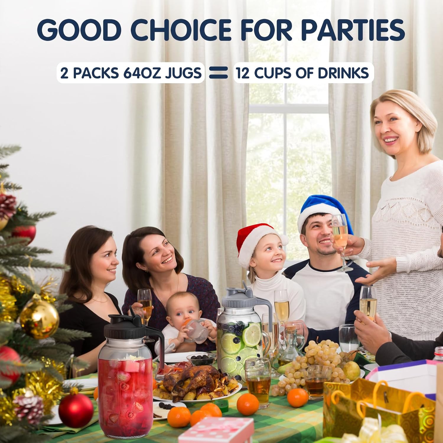 3 Packs 64OZ Glass Pitcher with Lid, Wide Mouth Mason Jar Water Jug, Leak-Proof Airtight Mason Jar for Cold Brew Coffee, Iced tea, Milk, Food Storage, Sun Tea