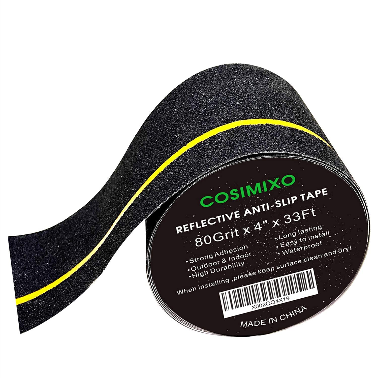 Cinta antideslizante de 4 pulgadas x 33 pies con rayas reflectantes, cinta antideslizante de mejor agarre, cinta antideslizante, adhesivo de alta tracción para escaleras. Cosimixo