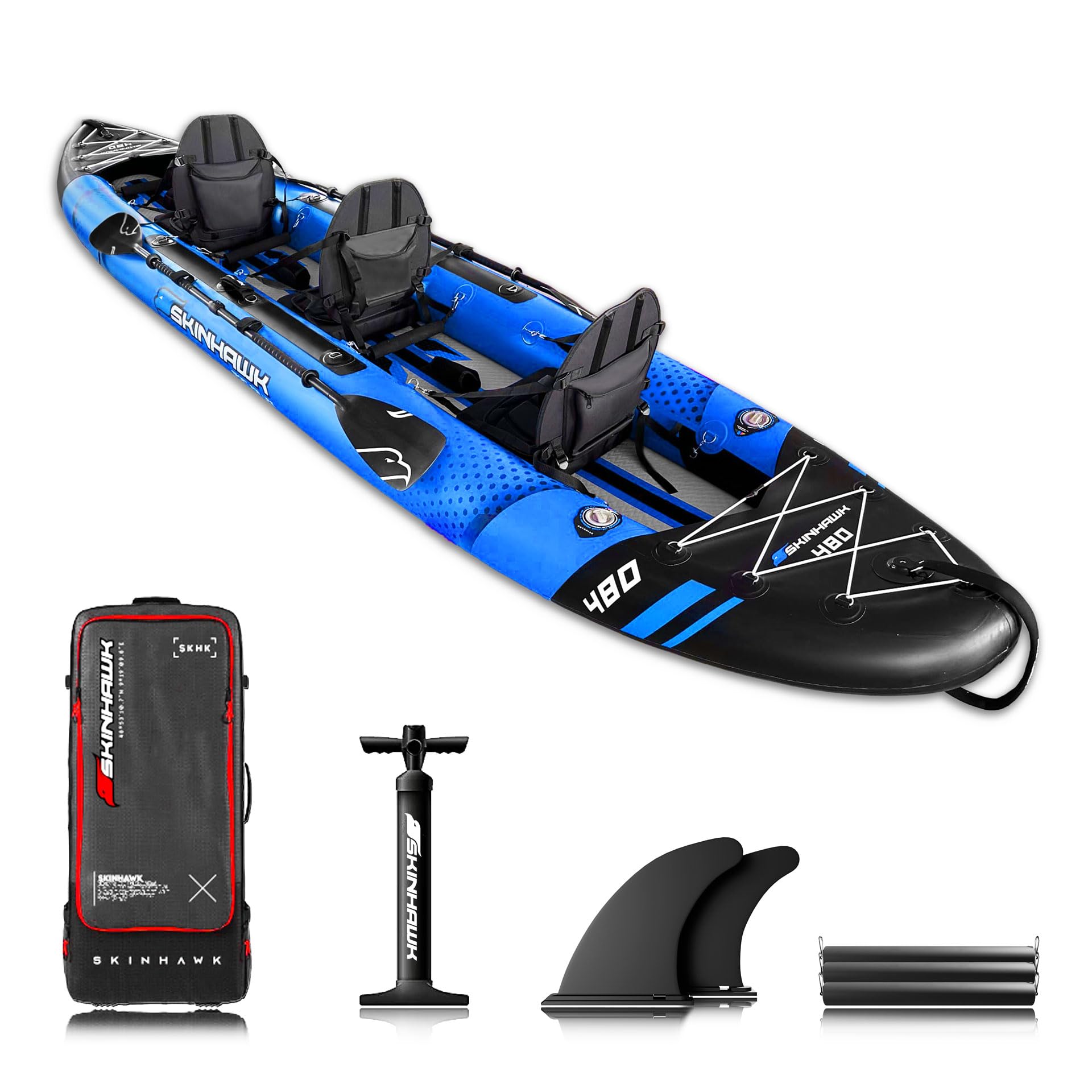 Kayak Pneumatique Skinhawk Exclusiv 480 - 480x96 Cm, 3 Places, Kit Complet Avec Pagaies Et Sièges