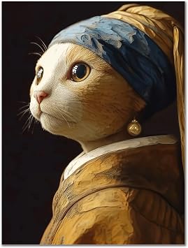 Aozomo Girl with a Pearl Earring Cat Art Print, Animal Art Poster, Funny Wall Decor Gift, Cat Lovers Present, Altered Art, Home Decor, Unique Artwork Print Unframed-16x21 inch
