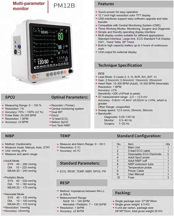 12-Inch Touch Screen Portable ECG Monitors, Vital Signs Machine,Multiparameter Patient Monitor(ECG/PR/NIBP / SPO2/ RESP/TEMP),3 Working Modes