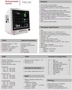 12-Inch Touch Screen Portable ECG Monitors, Vital Signs Machine,Multiparameter Patient Monitor(ECG/PR/NIBP / SPO2/ RESP/TEMP),3 Working Modes
