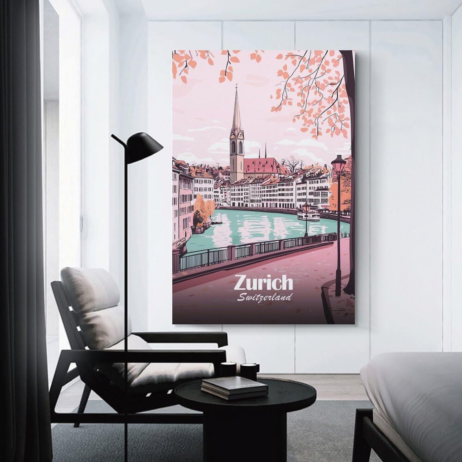 Junmoney Zurich Cityscape Illustration Hanging Wall Art, 20x30inch(50x75cm), for Living Room, Bedroom, Office Or Hallway, Decorative Artwork with Broad Appeal