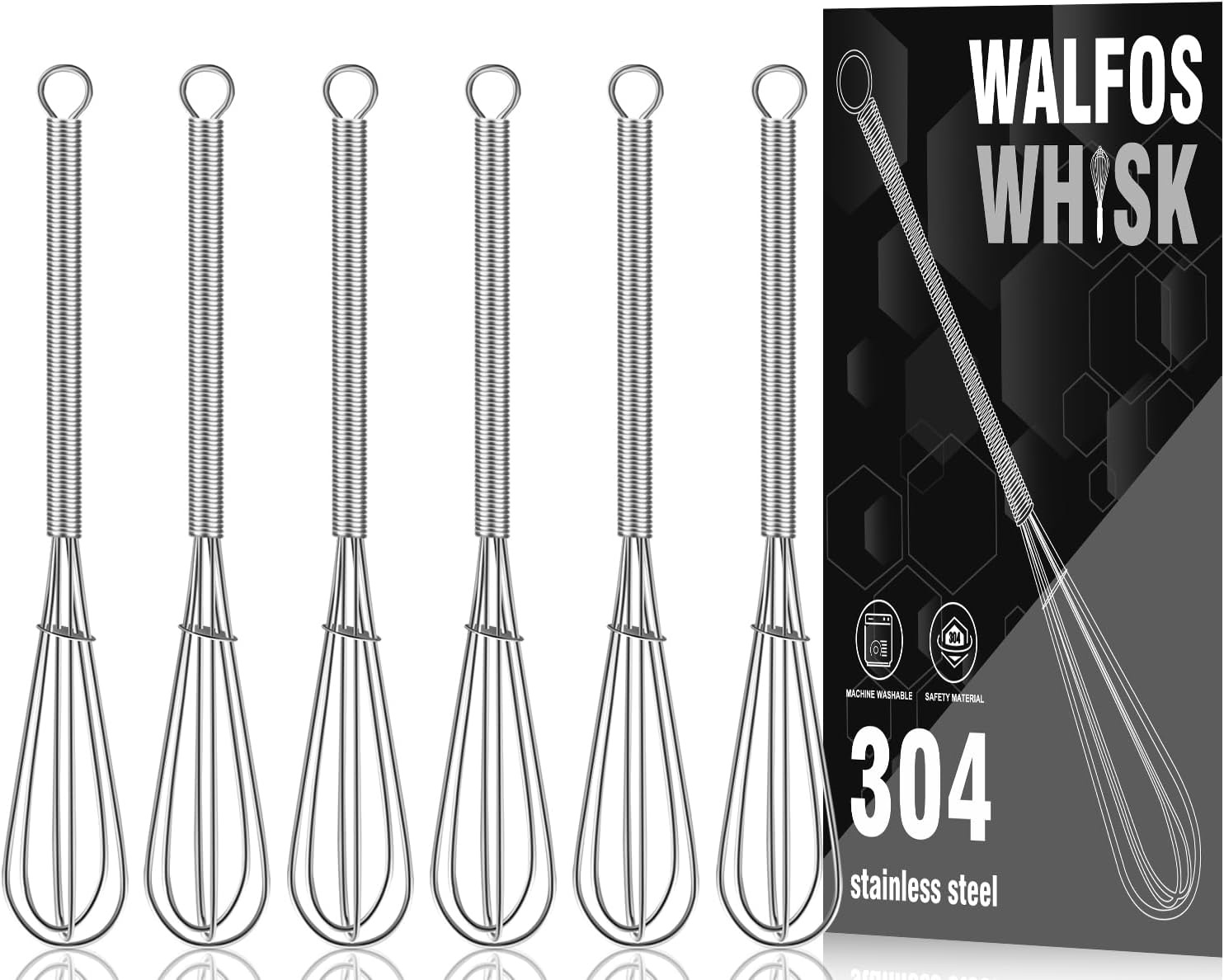 Walfos 6 Inch Mini Whisks, Small Whisks Bulk 304 Stainless Steel Set of 6, Tiny Whisk For Beating Eggs, Whisking, Blending Ingredients, Mixing Sauces