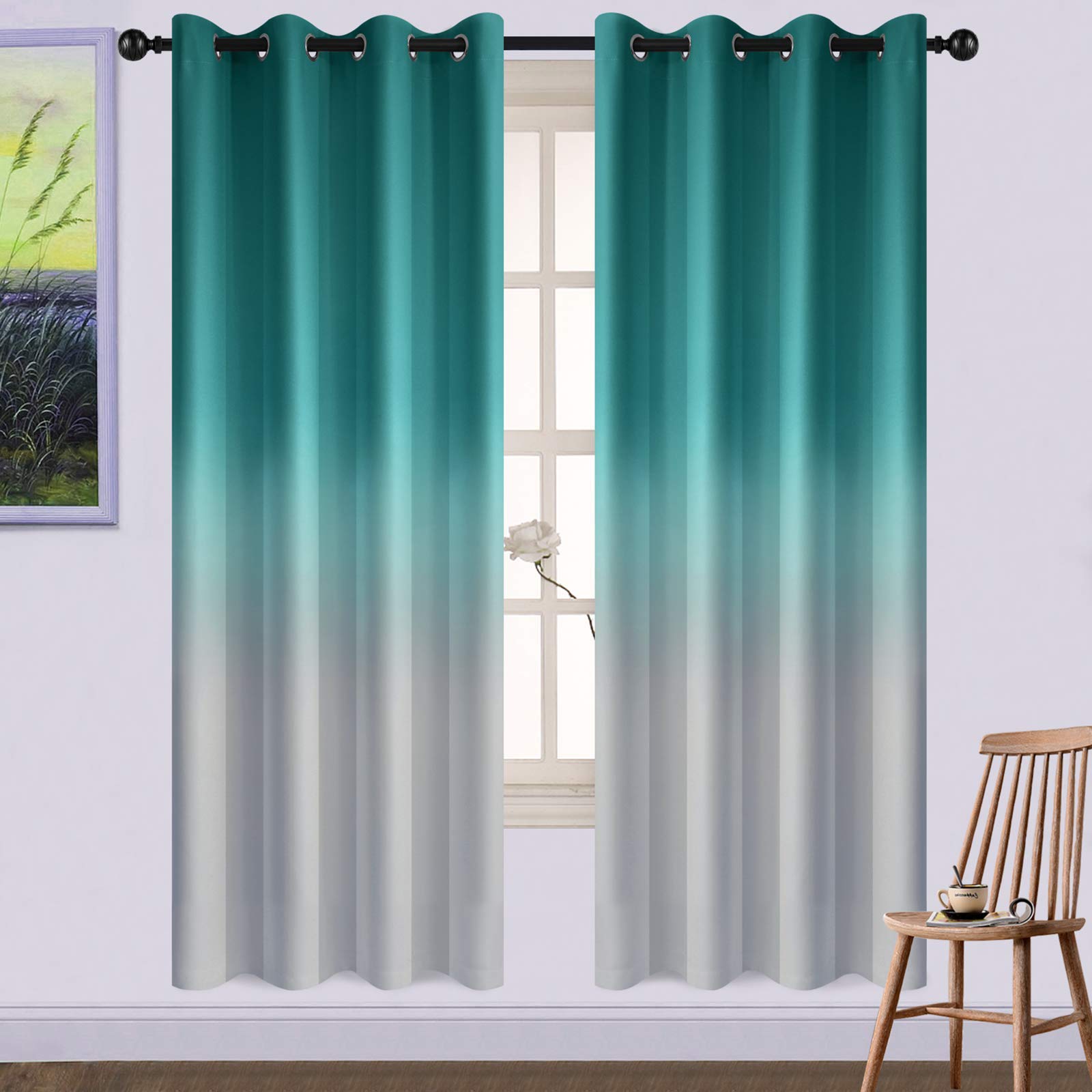 Yakamok Teal and Greyish White Room Darkening Gradient Color Ombre Curtains, Light Blocking Grommet Window Drapes for Living Room/Bedroom (2 Panels, 52x72 Inch) โ image 1
