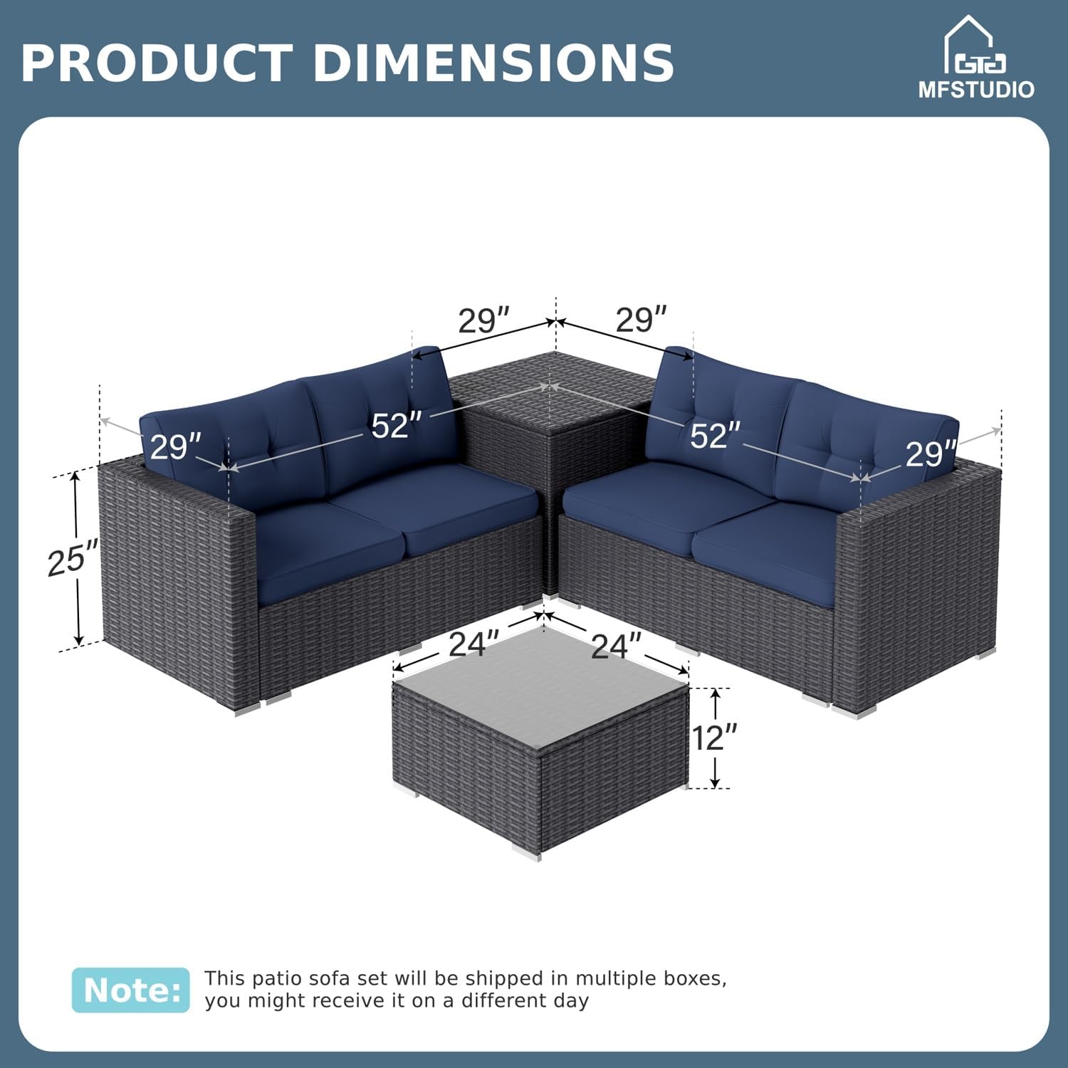 MFSTUDIO 4 Piece Wicker Patio Furniture Set, L Shaped Small Rattan Patio Sectional Sofa Couch Outdoor Conversation Sets with Navy Blue Cushions, Storage Box, Glass Coffee Table for Garden, Backyard