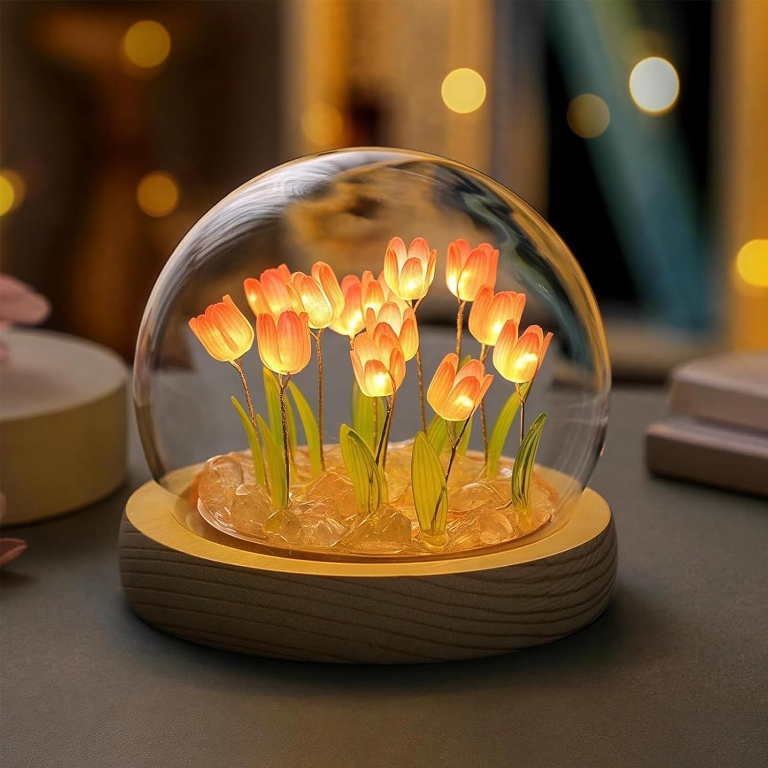 Tulip Night Light Corded, Birthday Flower Gifts for Her - Small Flower Lamp with Glass Cover, Wooden Base and Gift Bag -Cute Romantic Home Decor for Mom, Grandmother, Wife, Girlfriend, Sister, Women