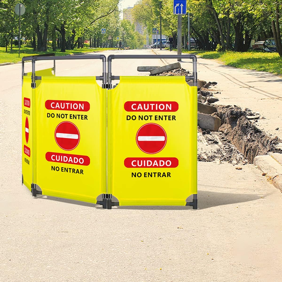 4 Panels Safety Barricade, 7.8FT Removable Foldable Security Gates Barrier with Heavy Duty PVC Frame, English&Spanish Bold Font and Graphics, Traffic Barricade for Indoor and Outdoor Use (Yellow)