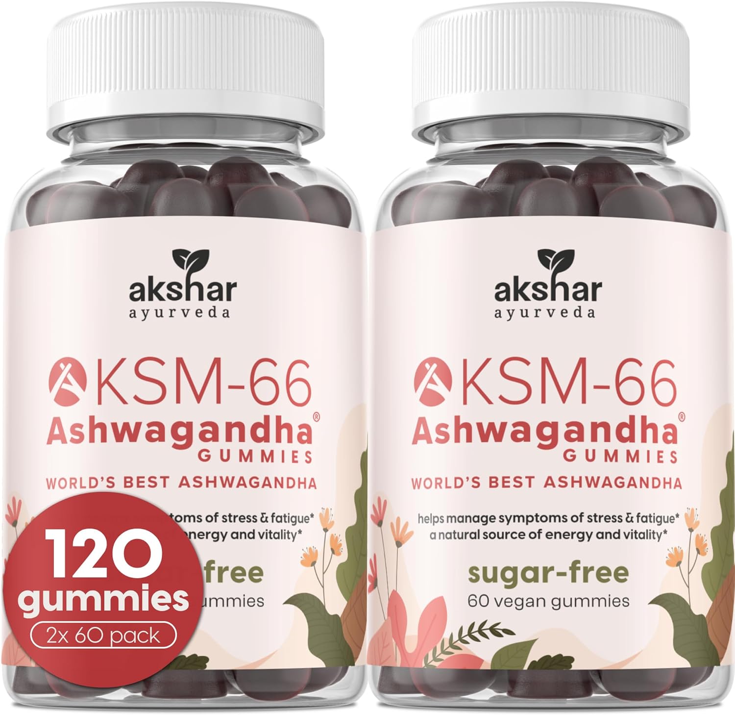 AKSHAR Ayurveda Ashwagandha KSM-66 Gummies, Organic Ashwagandha Supplements for Focus, Increase Energy & Strength, Chicory Root Fiber & Natural Cherry Flavor (60 Count (Pack of 2))