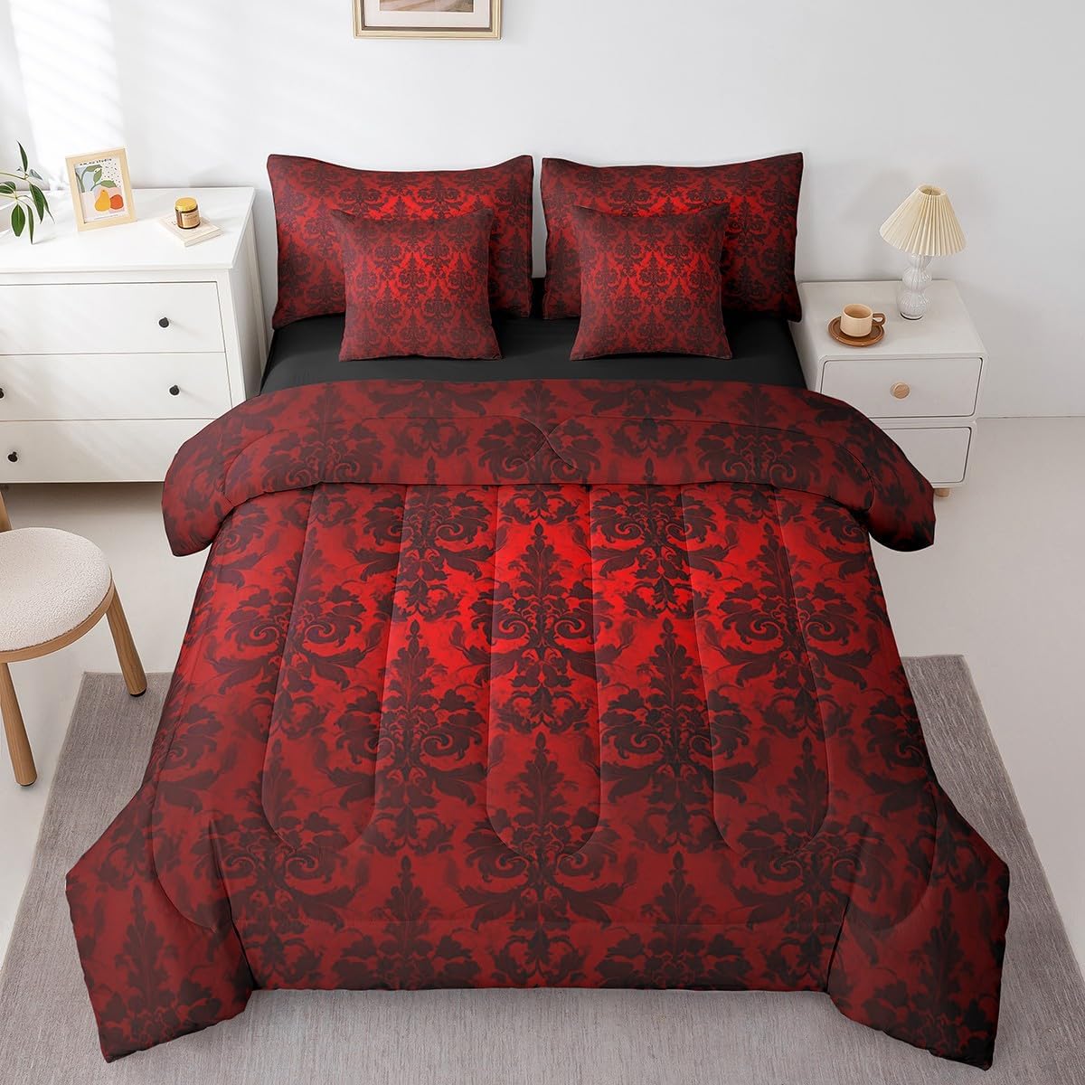 Erosebridal Gothic Bed in a Bag Queen Comforter Set 7 Piece,Adults Black Damask Bedding Sets,Victorian Sheet Set with Comforter Vintage Baroque Goth Antique Black Floral Bohemian Decor,Red