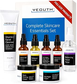 YEOUTH Skin Care Set, Skin Care Gift Set Vitamin C Facial Cleanser, Facial Toner, Vitamin C Serum, Hyaluronic Acid Serum, Super Serum, Eye Gel, Day Cream, Night Cream, Neck Cream Skin Care Travel Set 8 Pack Cosmetic Set