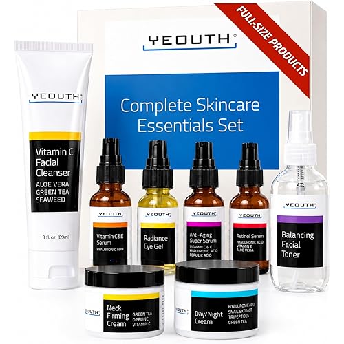 YEOUTH Skin Care Set 8-Piece Full Size: Vitamin C Cleanser, Toner, Retinol,Vitamin C and Anti Aging Serum, Eye Gel, Neck Cream, and Day Night Face Cream, Skin Care Gift Set