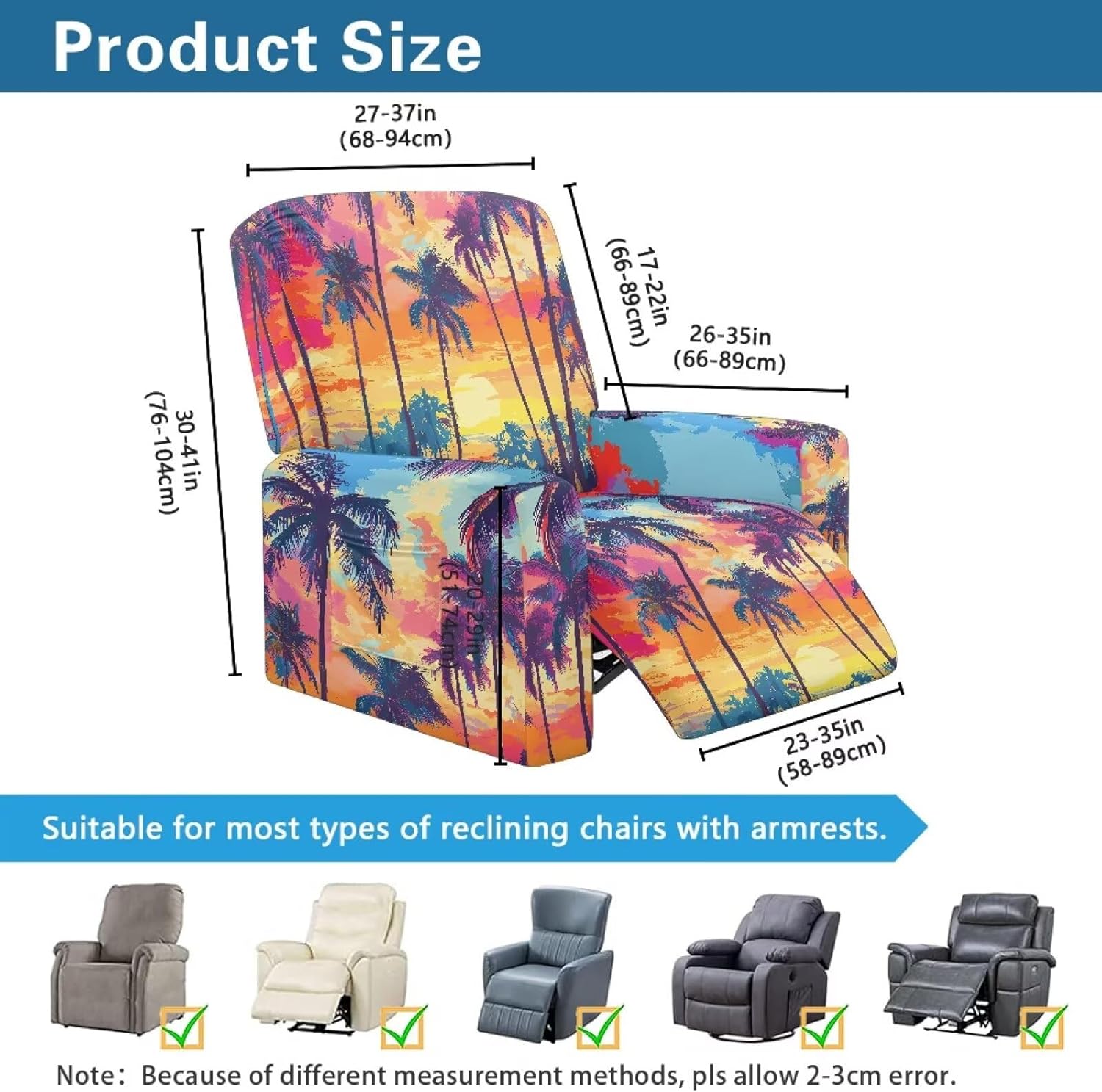 GLENLCWE Palm Tree Recliner Cover 4 Pieces Recliner Cover Stretch Cover para Sofa Lazy Boy, Cloorful Sunset Print Sofa Covers for Dogs Cats Reading Room Furniture