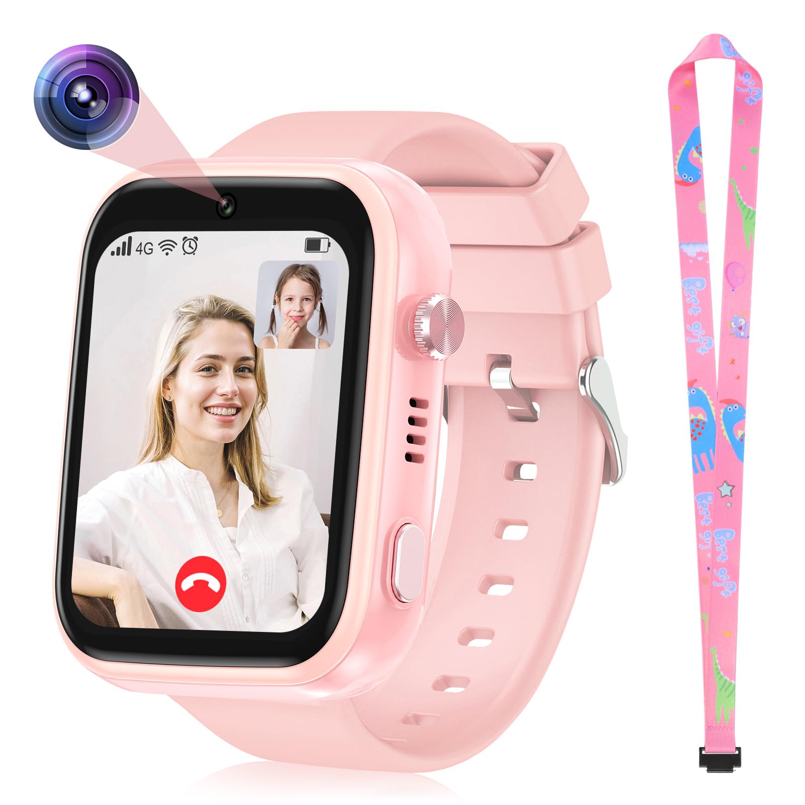 OKYUK Smartwatch dziecięcy 4G z trackerem GPS, dwukierunkowe połączenia, SOS, smartwatch z wieloma stylami pulpitu do wyboru dla 6-12 chłopców i dziewczynek (różowy)