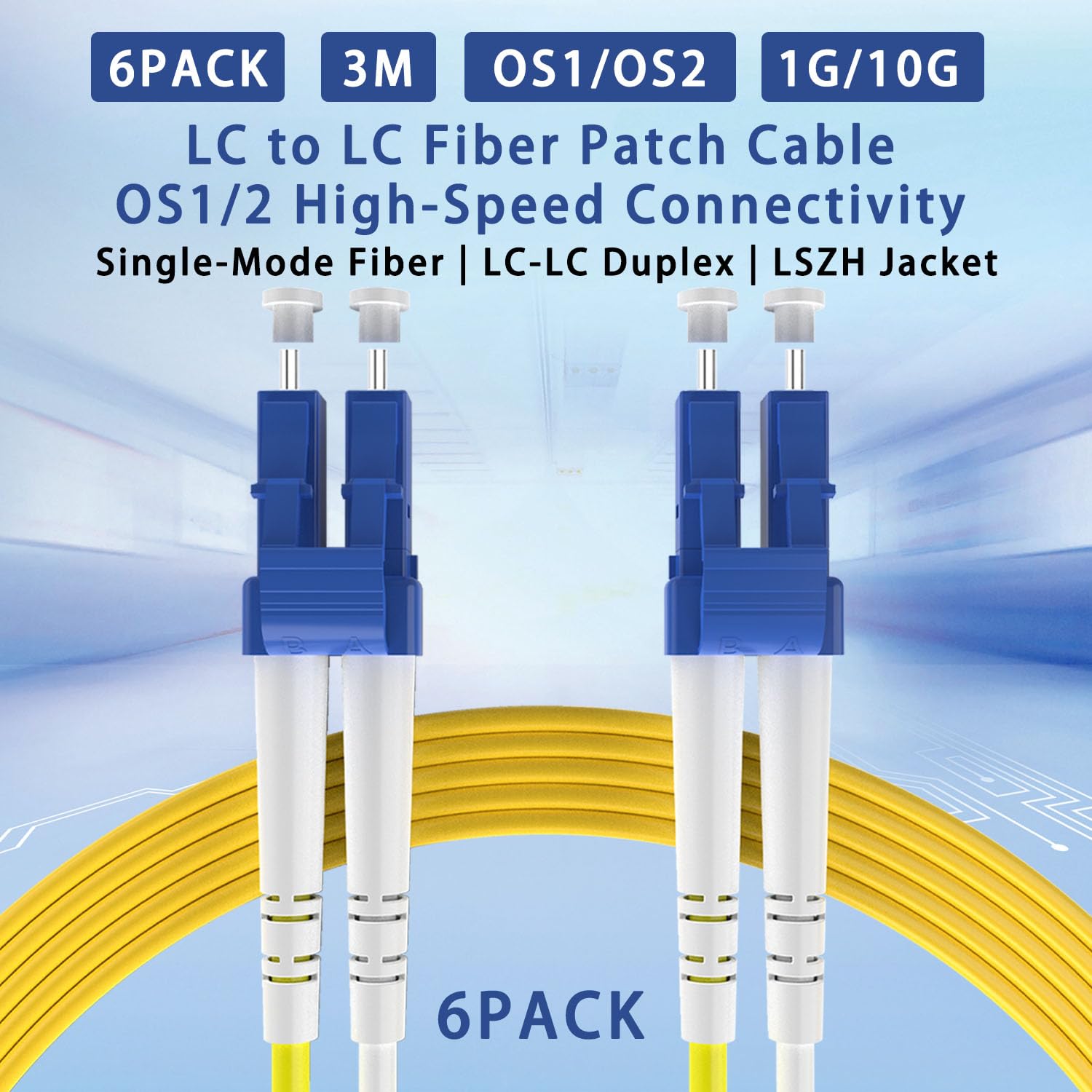 LC to LC Duplex Fiber Patch Cable 3M (9.84ft), OS1/OS2 Single Mode 9/125μm SMF, LSZH Jacket, LC UPC Cables, 1G/10G Ethernet Duplex Jumper Cord for Data Center, Enterprise, Telecom (6-Pack)