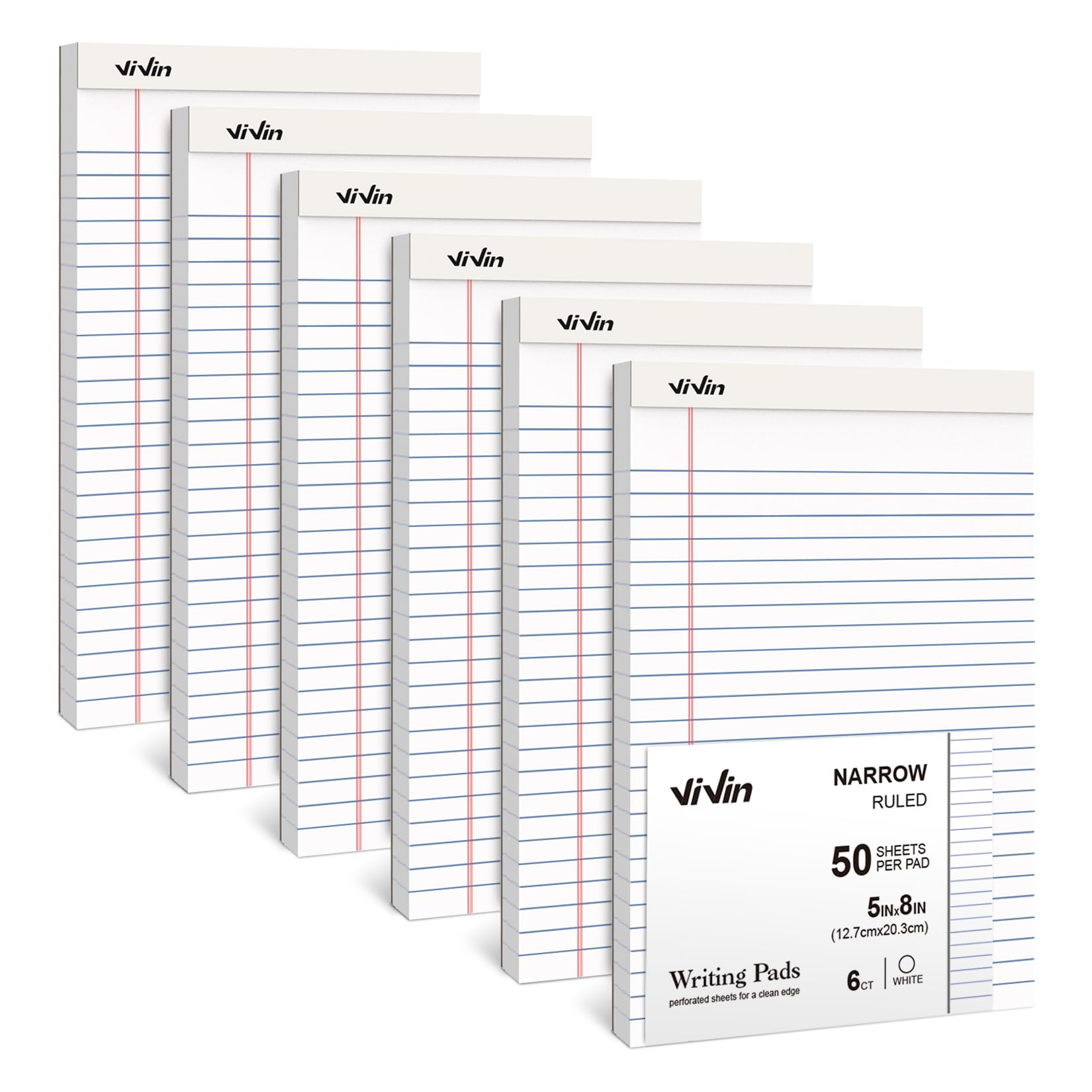 ViVin 5 x 8 Inch Legal Pads, 6 Pack, Narrow Ruled, 50 Sheets Per Writing Pad, Perforated Note Pads Ideal for Home, Office, Business, 300 Sheets, White