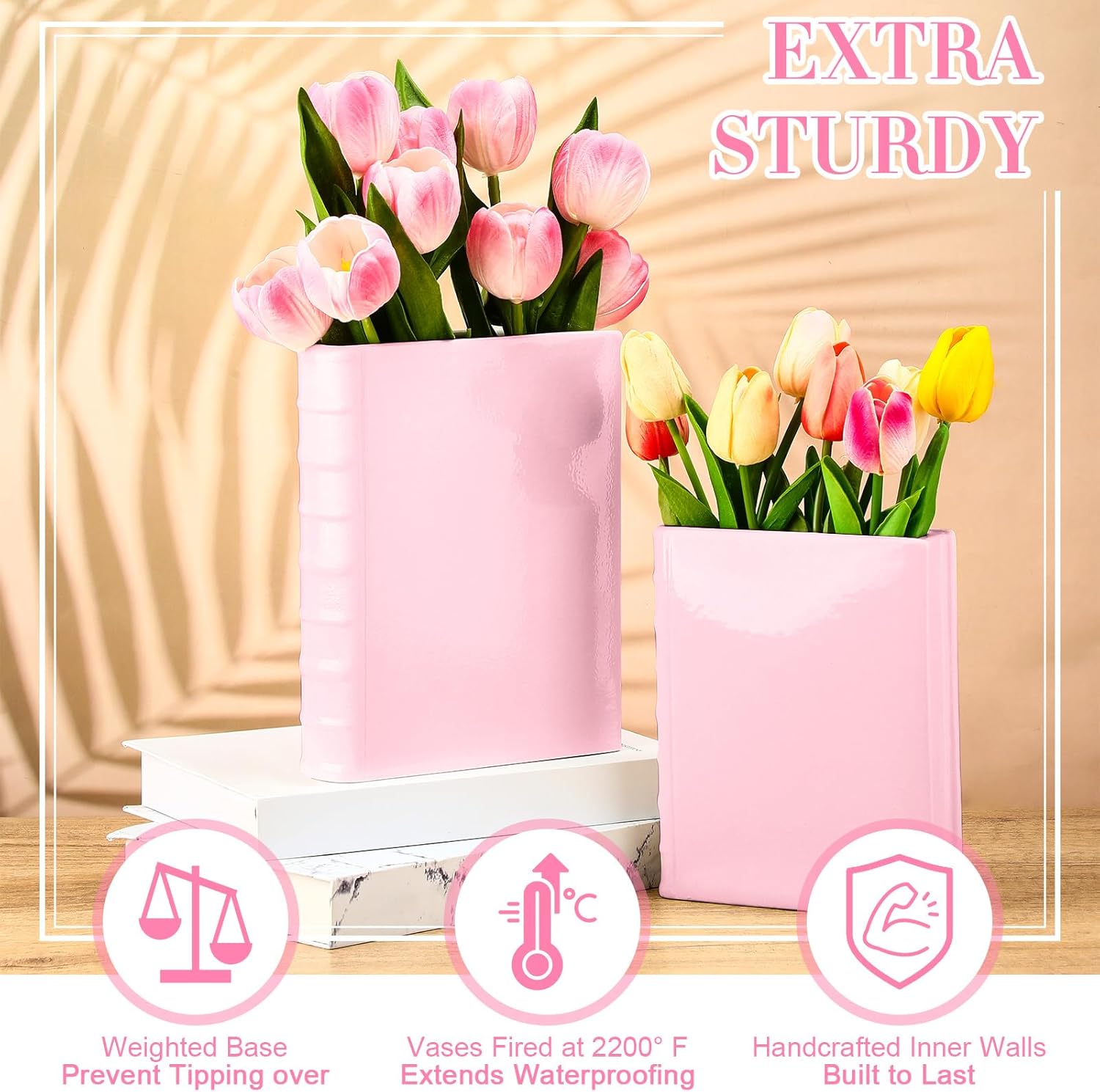 Vesici 2 Pcs Ceramic Book Shape Vase for Flowers Gifts for Christmas Cute Bookshelf Decor Vase for Book Lovers Gifts Unique Vases Home Decor for Bookshelf Dining Table Office Home(Pink)