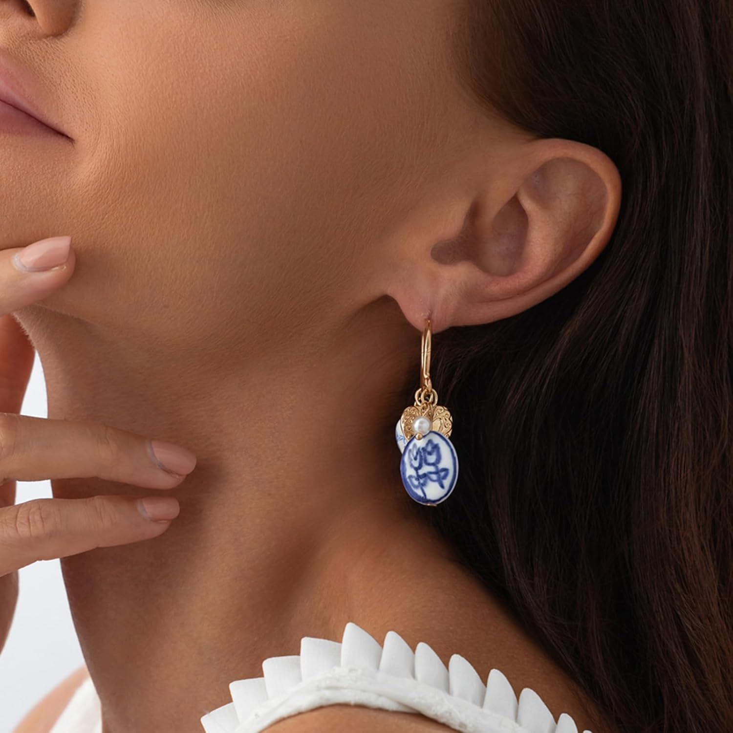 Porcelain Enamel Earrings Gold Heart Hoop Tulip Design Blue and White Earrings Trendy Jewelry Gift - Image 4