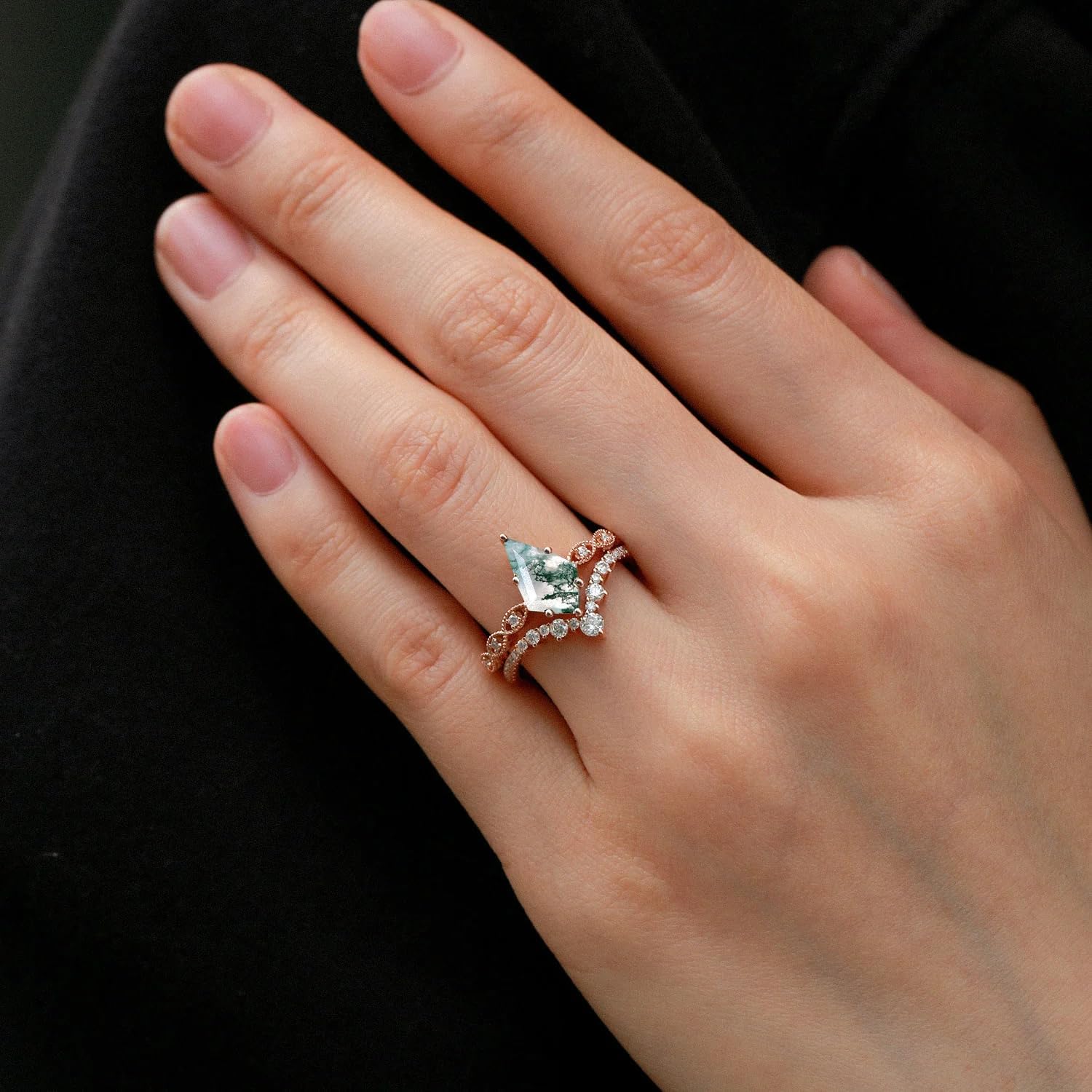 Natural Moss Agate Ring Set for Women with Moissanite 1CT Center Kite Cut Natural Moss Agate Wedding Ring Set Leaf Engagement Ring Set 925 Sterling Silver 10K 14K 18K Gold