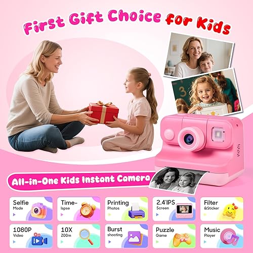 Miniatura 5 de Cámara de impresión instantánea para niños con bolsa de transporte, cámara HD 1080P para niña con 4 rollos de papel de impresión, bolígrafos de