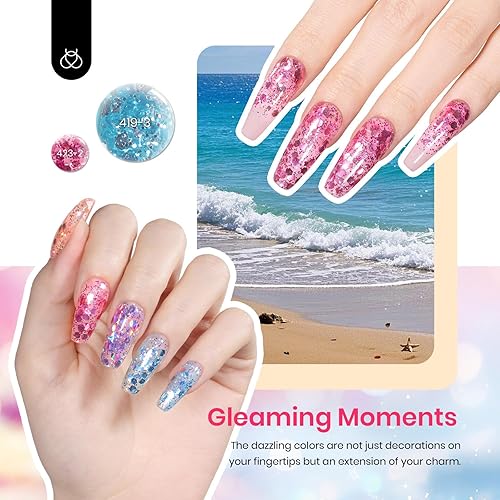 Miniatura 25 de Beetles - Kit de gel de extensión de uñas de polietileno con luz UV: juego de 6 colores de gel constructor rosa con purpurina blanca con capa base