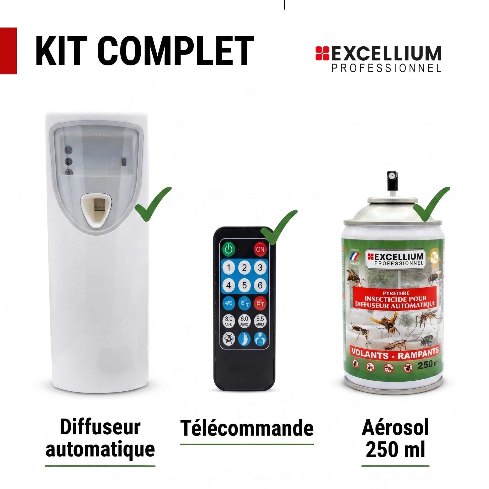 EXCELLIUM PROFESSIONNEL Kit Diffuseur Automatique Insecticide 250 ml | Programmable, télécommande incluse, pyrèthre, volants et rampants, jusqu'à 2500 pulvérisations, environ 3 mois, 30 m²