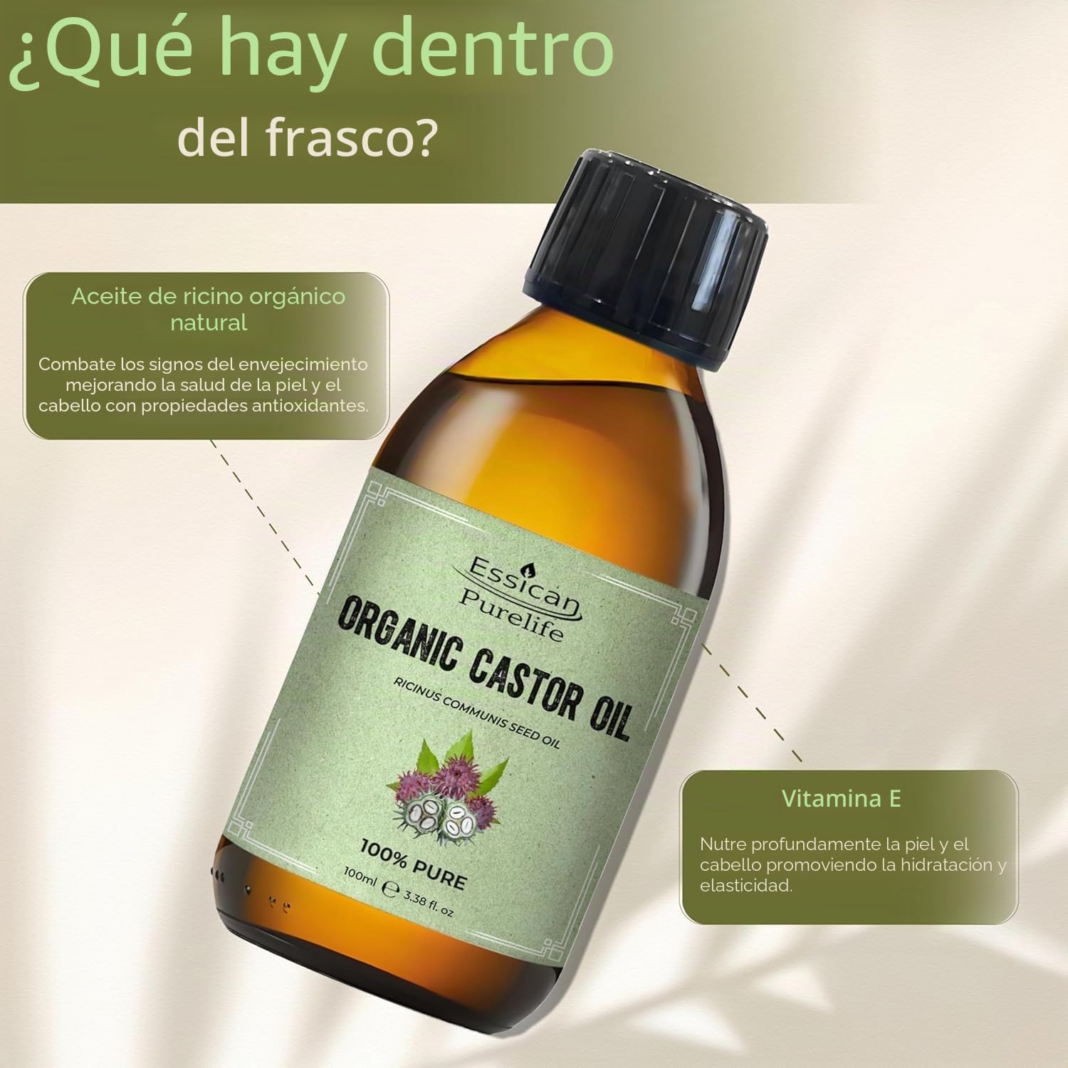 Aceite de Ricino Orgánico Sin Hexano 100ml Botella de Vidrio para Piel y Cabello