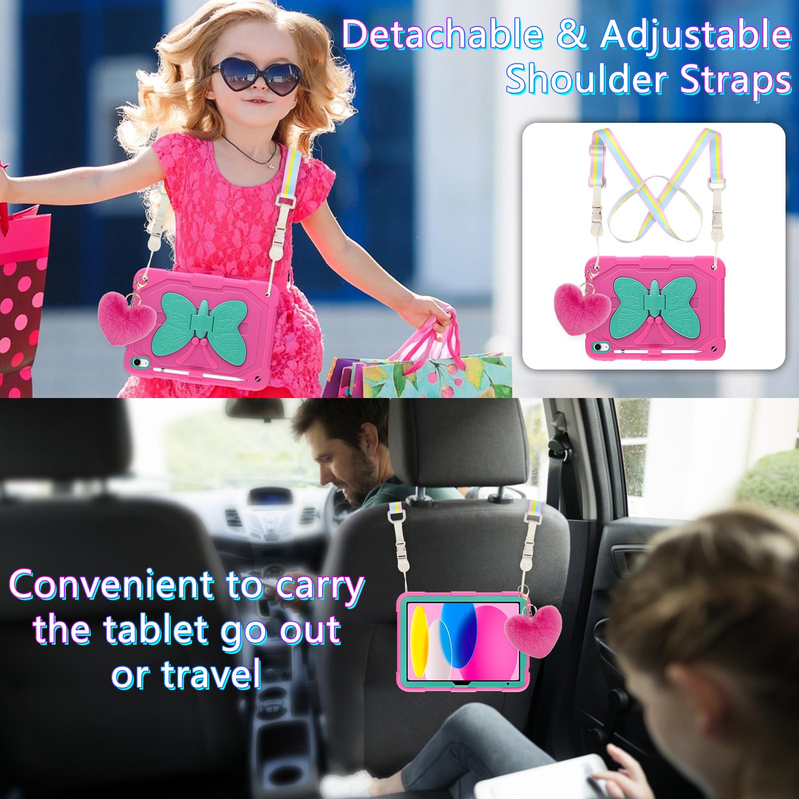 WESADN Étui robuste antichoc pour iPad 10e génération 2022 avec protecteur d'écran, béquille papillon, dragonne, porte-clés, porte-crayon, pour iPad 10e génération 10,9", rouge rose