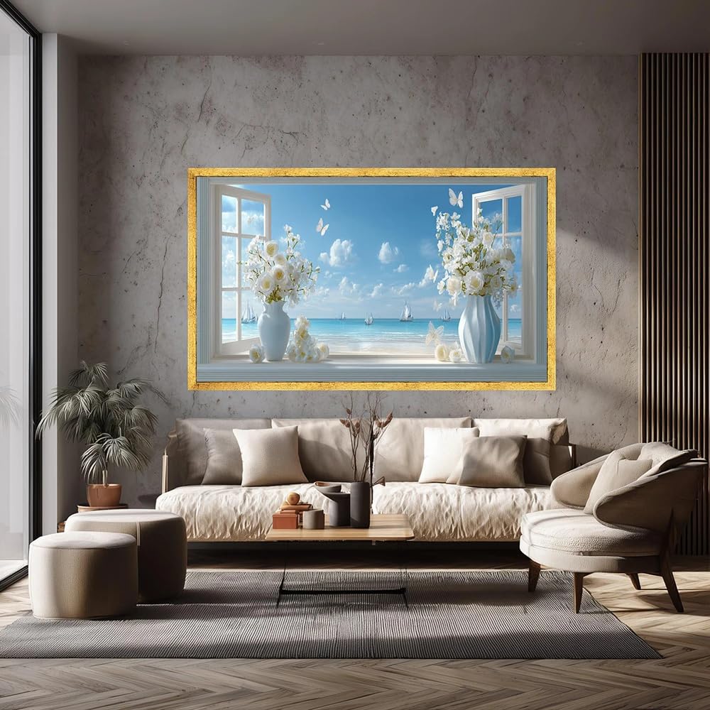 GKUVBF Stampe su tela con finestra sul mare, vaso di fiori bianchi, farfalla e scena oceanica per l'arredamento del soggiorno (60x120 cm/senza cornice)