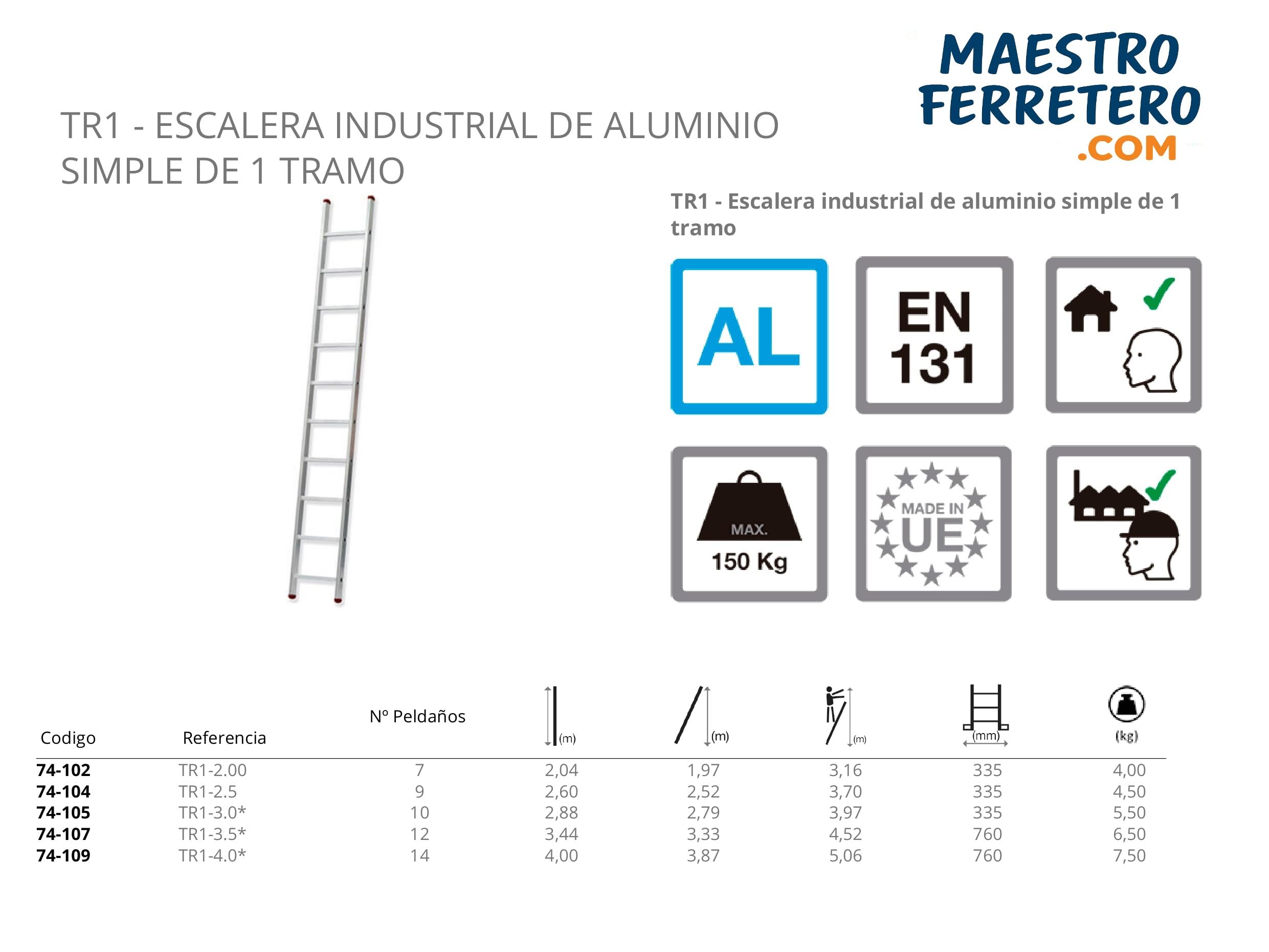 Escalera de un Tramo TR1-2.5 de 9 Peldaños en Aluminio